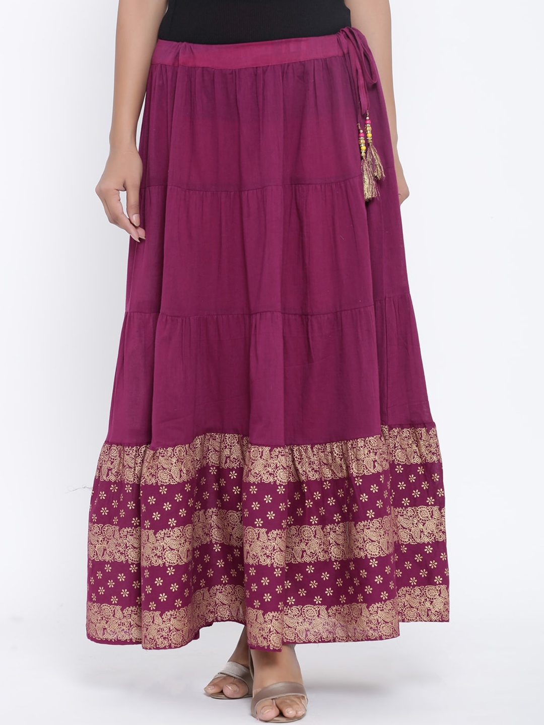 

RANGMAYEE Women Purple & Gold Printed Tiered Maxi Skirt