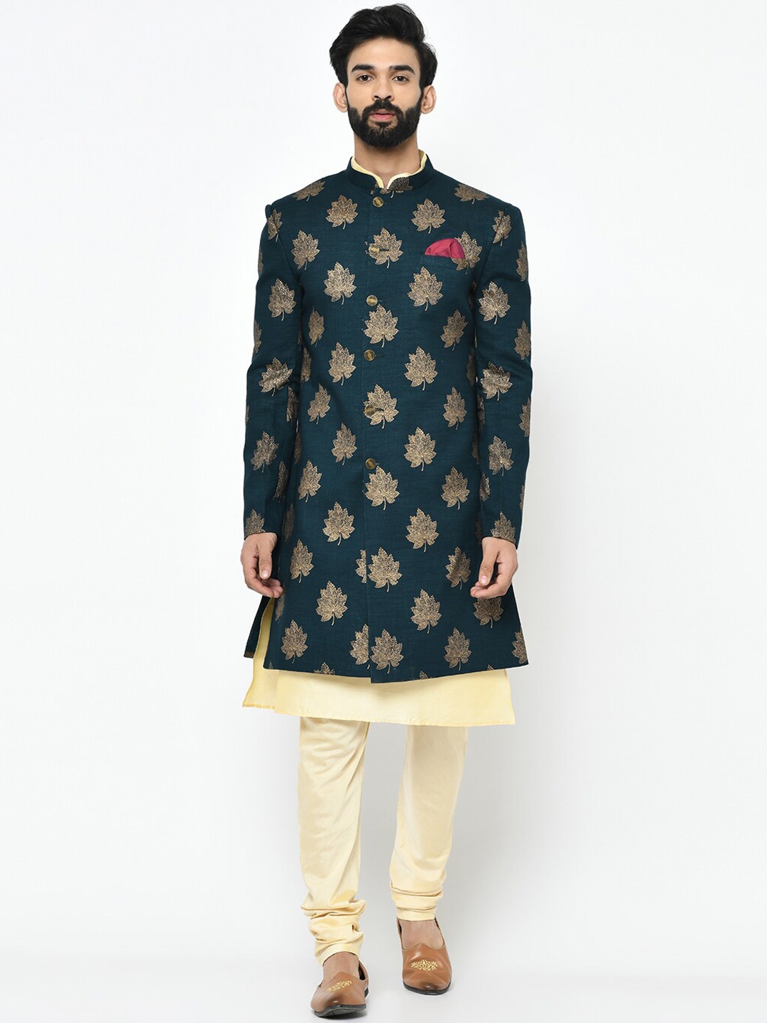 

KISAH Men Printed Indowestern Sherwani Set, Navy blue