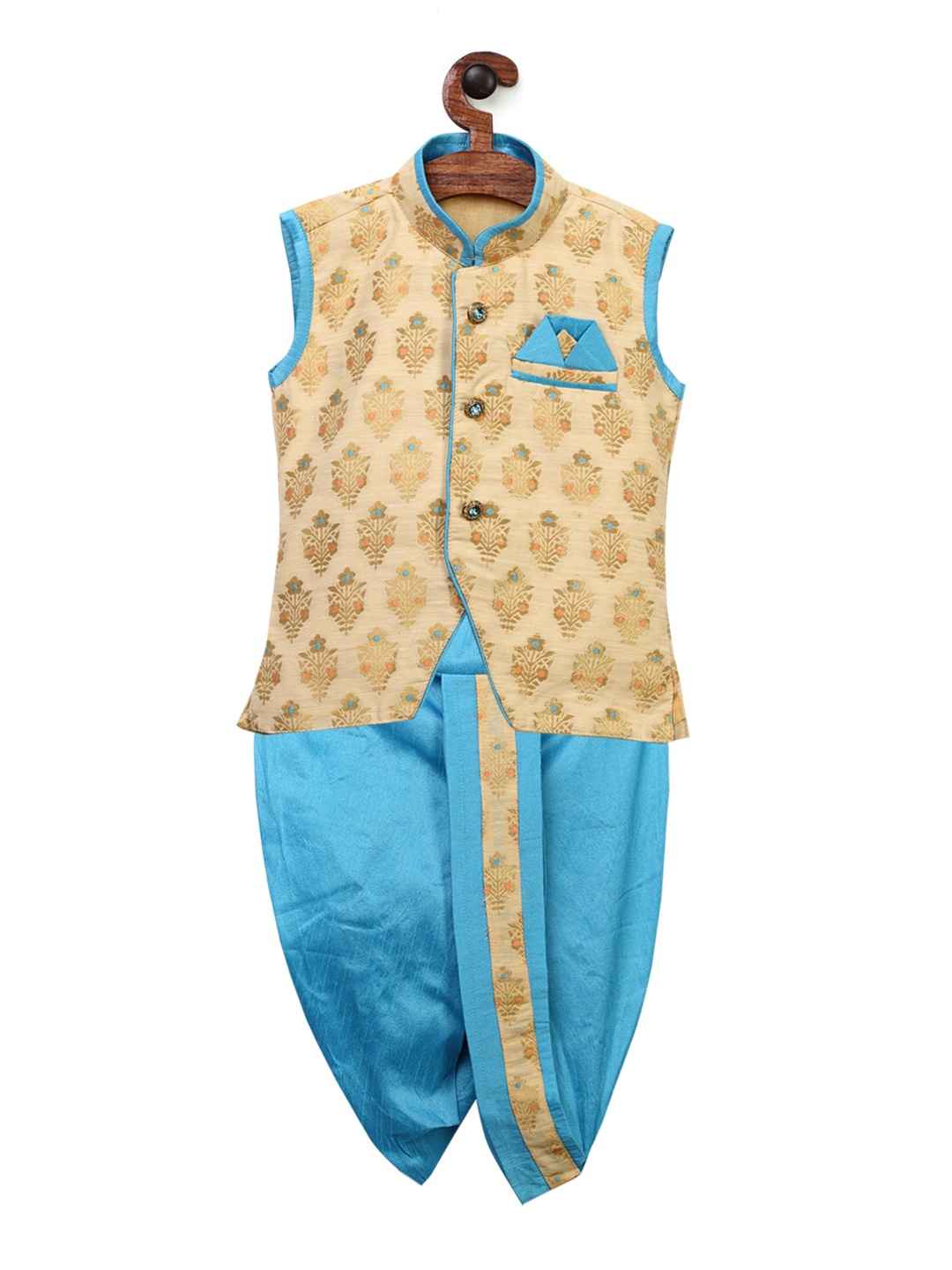 

Ridokidz Boys Cream-Coloured & Turquoise Blue Self Design Kurta with Dhoti Pants