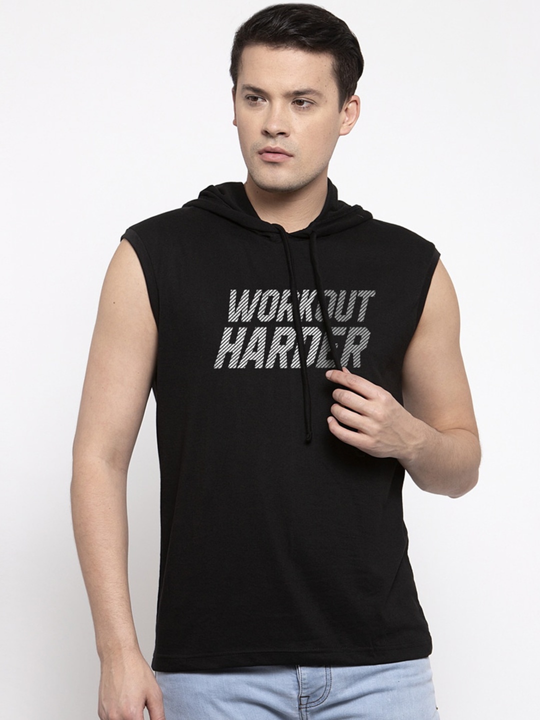 Friskers Men Black Printed Hood T-shirt