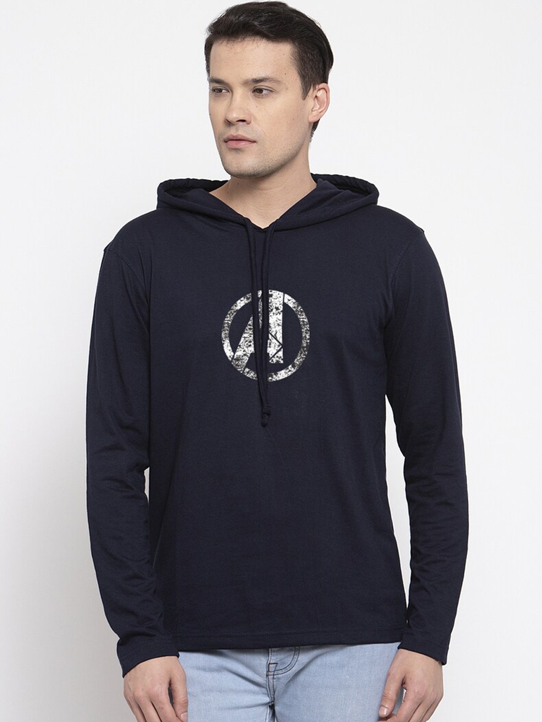 Friskers Men Navy Blue Printed Hood T-shirt