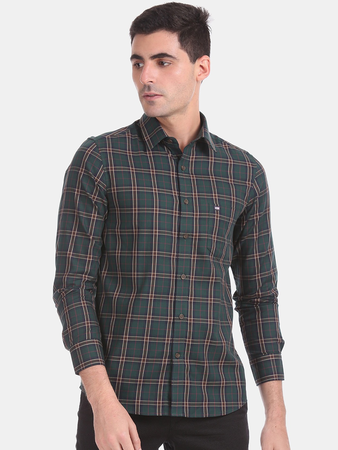 

Arrow Sport Men Green & Brown Slim Fit Checked Pure Cotton Casual Shirt