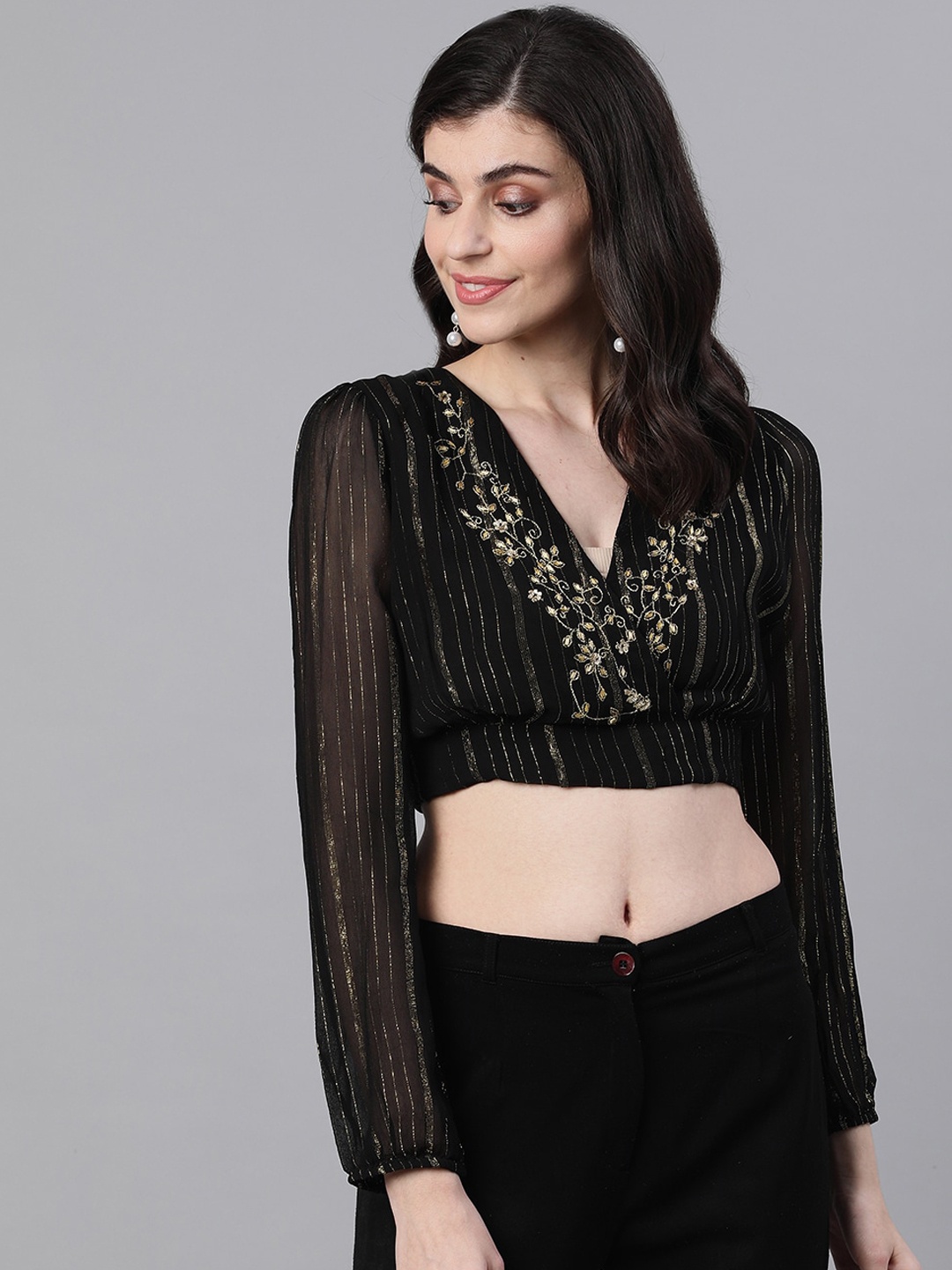 

Ishin Women Black Self Design Crop Top