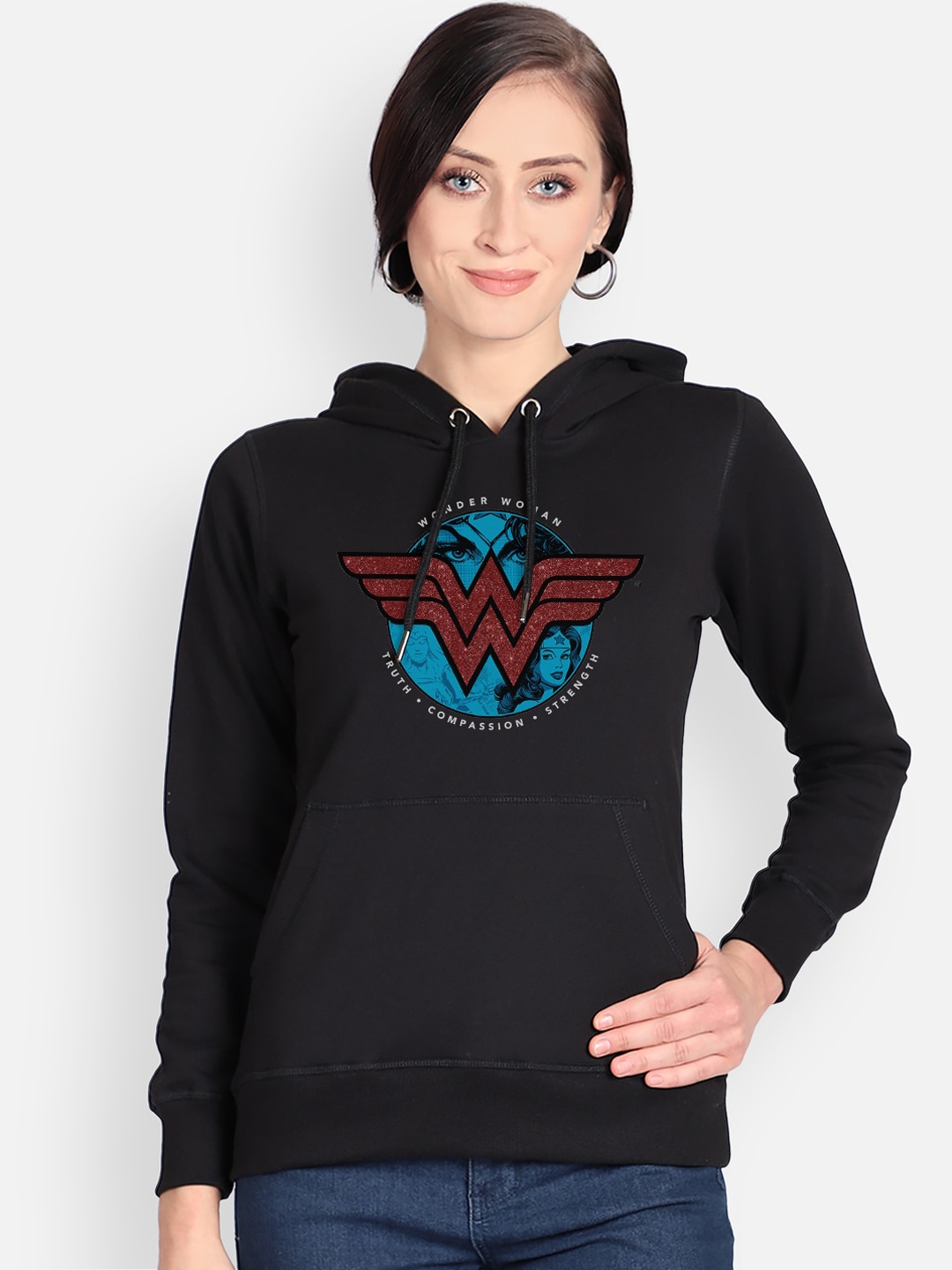 Free Authority Women Black Wonder Woman Printed Hooded Sweatshirt
