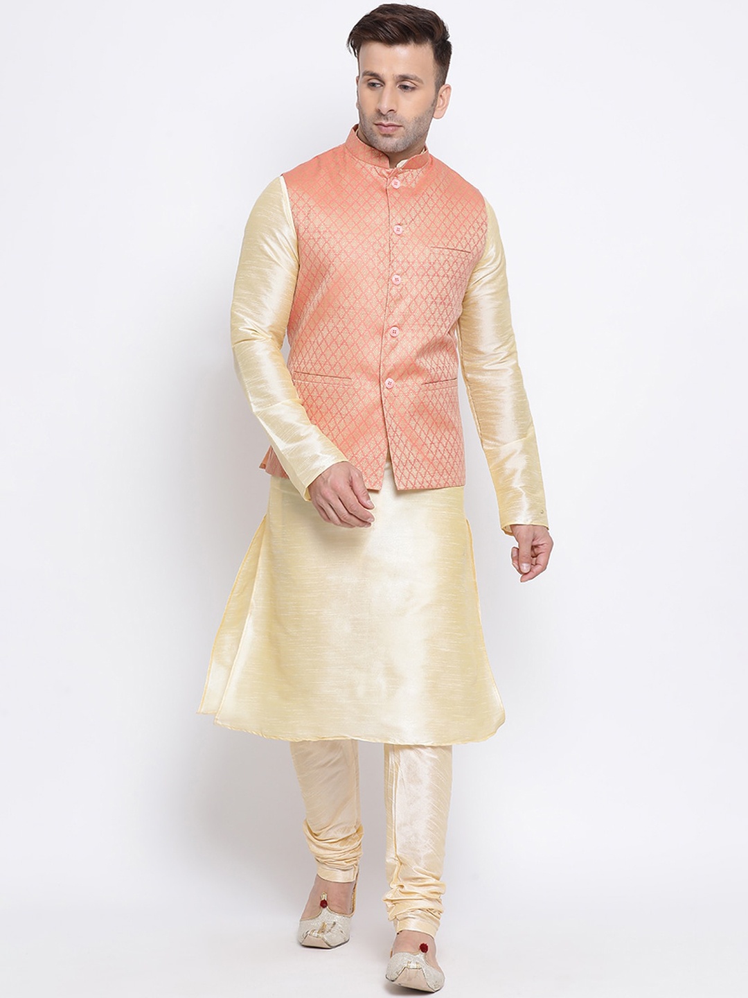 

NAMASKAR Men Gold-Coloured & Pink Solid Kurta with Churidar & Nehru Jacket