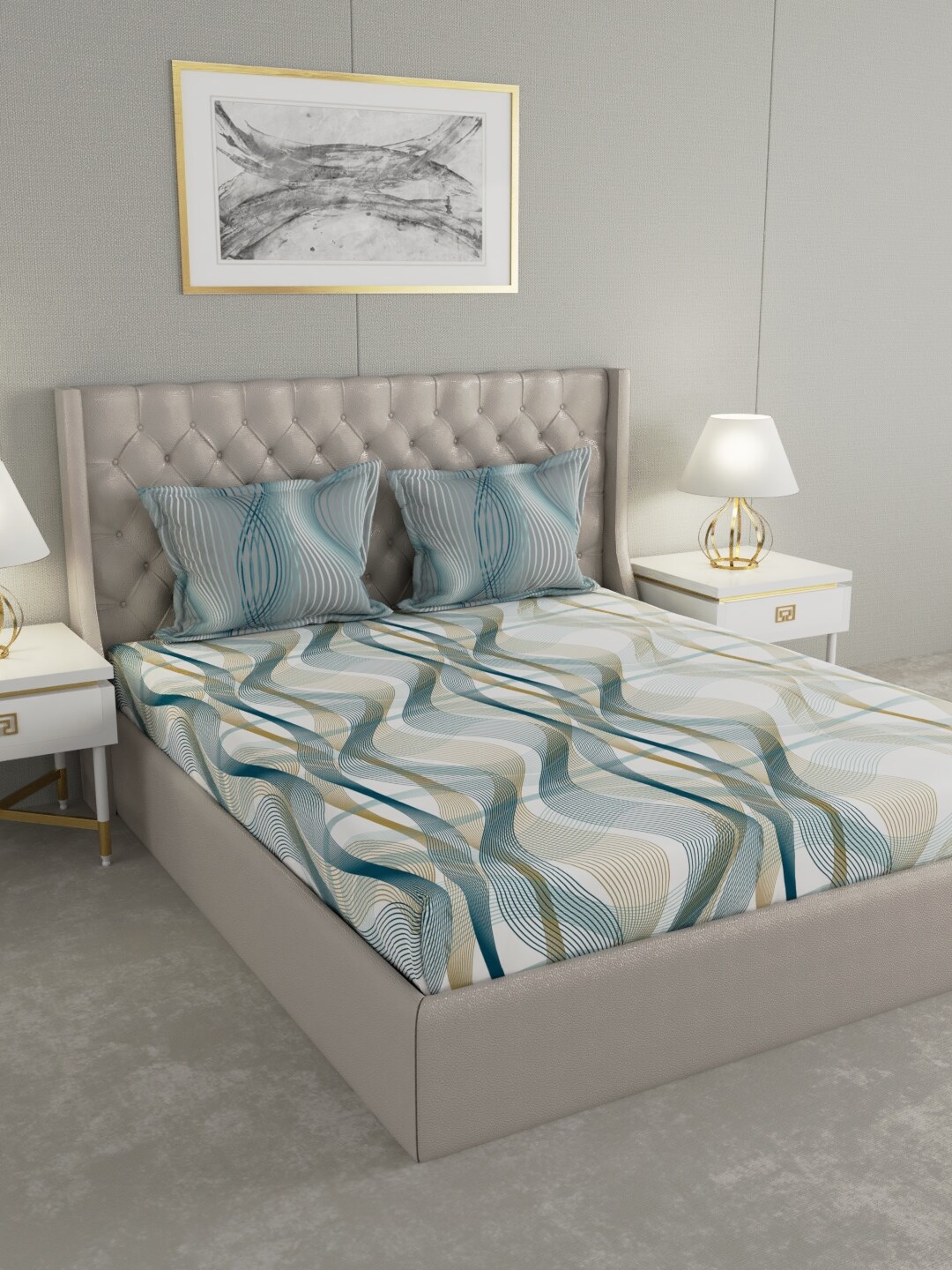 

Raymond Home White & Gold-Coloured Printed 144 TC Bedsheet With 2 Pillow Covers