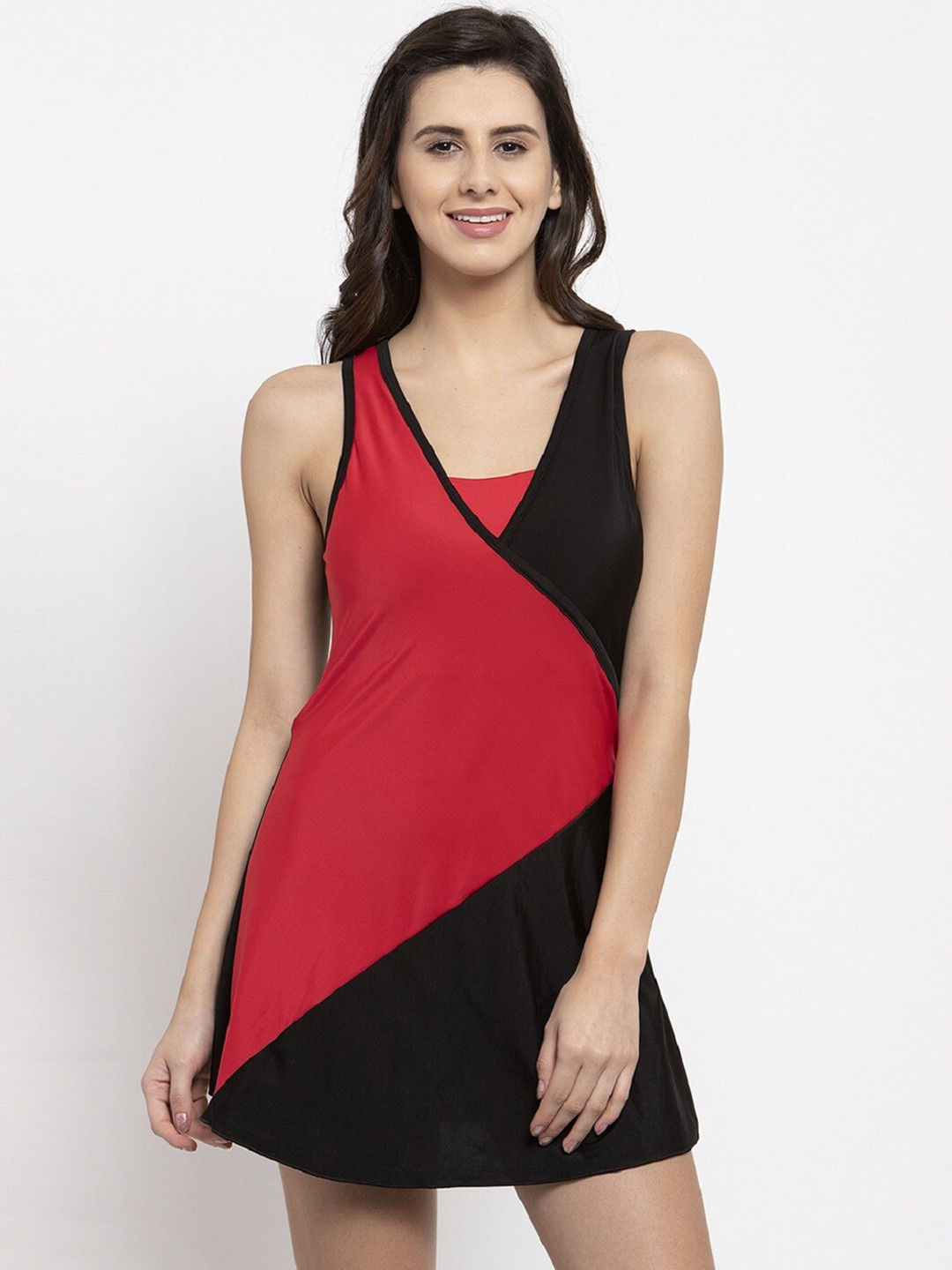 

CUKOO Women Black & Red Colourblocked A-Line Swimming Dress With Attached Shorts