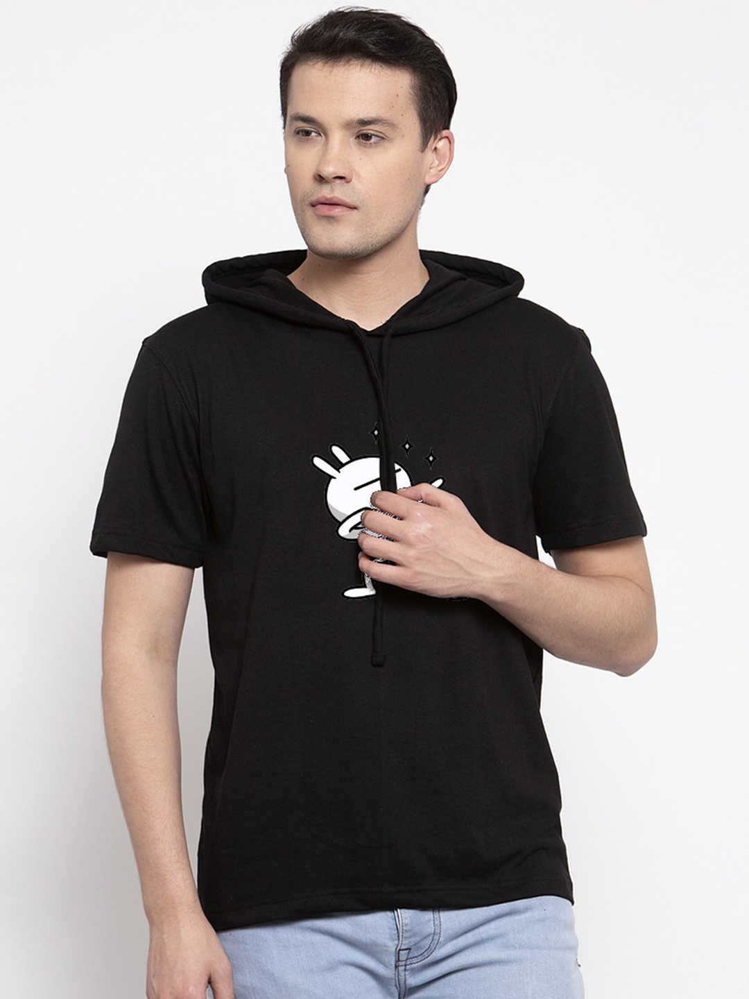 Friskers Men Black Printed Hood T-shirt