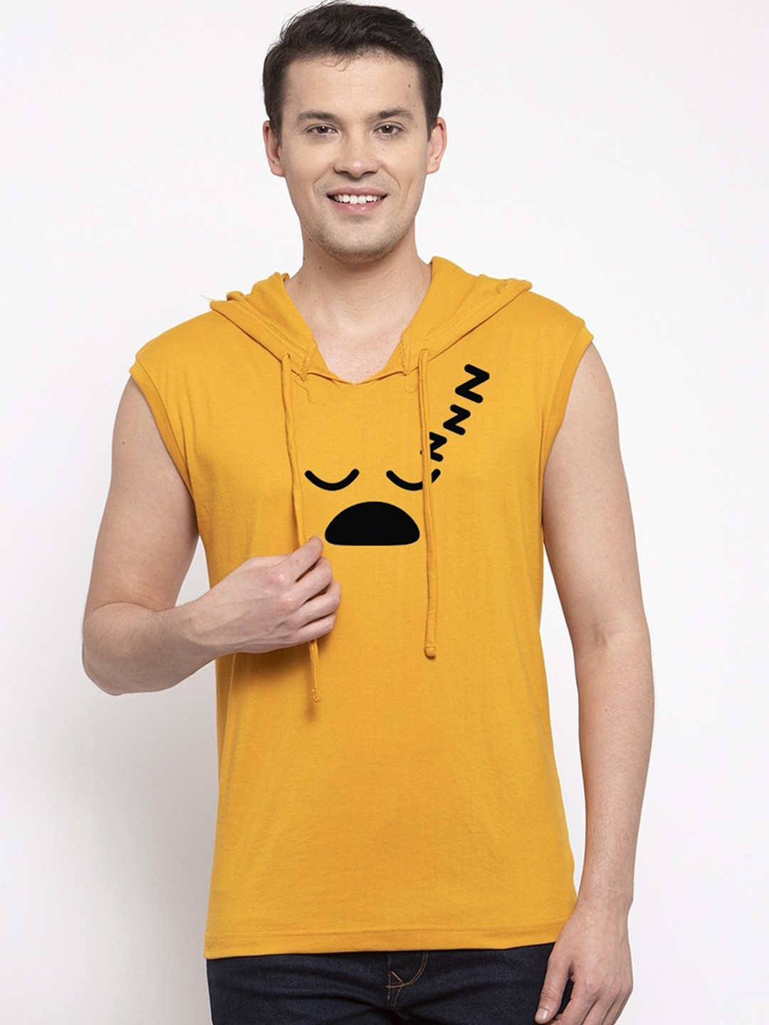 

Friskers Men Yellow Printed Hood T-shirt