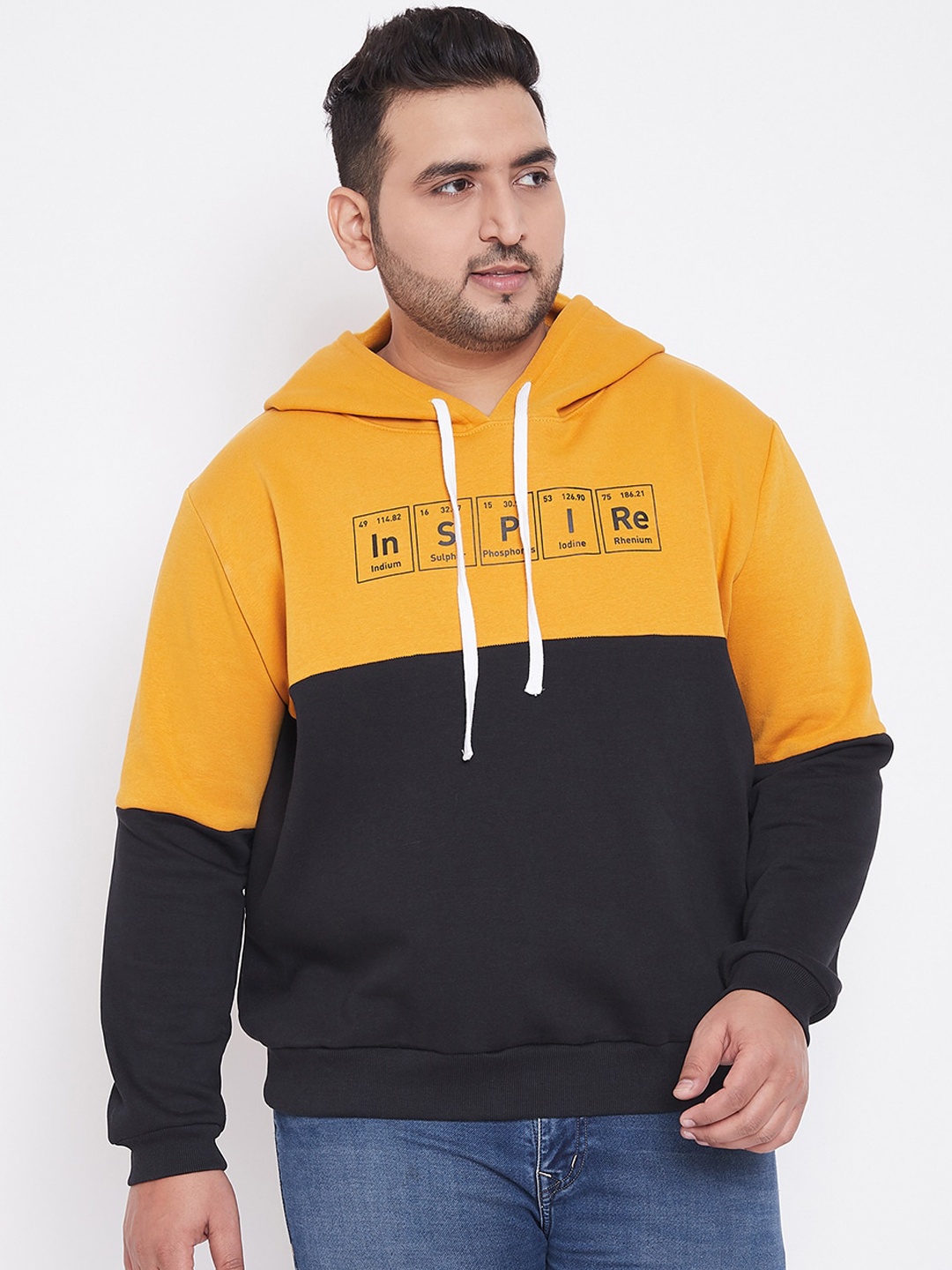 

Instafab Plus Men Yellow & Black Colourblocked Hooded Sweatshirt