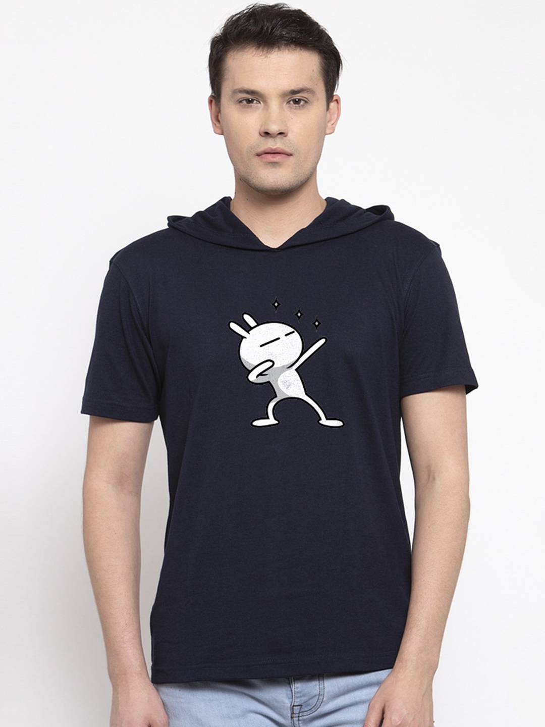 

Friskers Men Navy Blue Printed Hood T-shirt