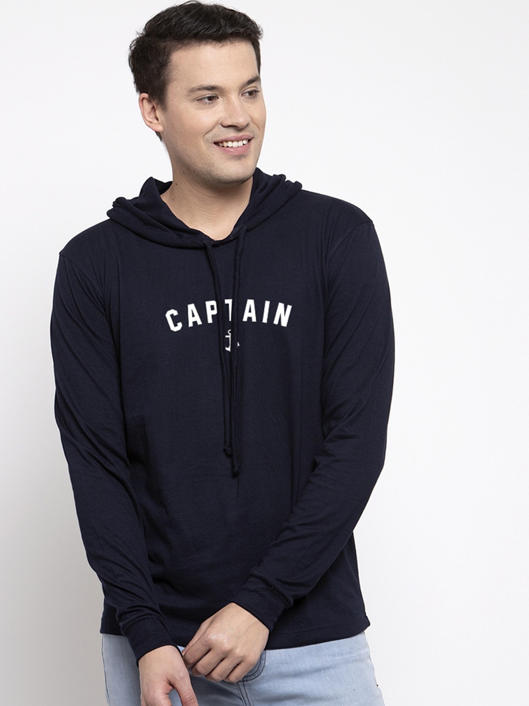 Friskers Men Navy Blue Printed Hood T-shirt