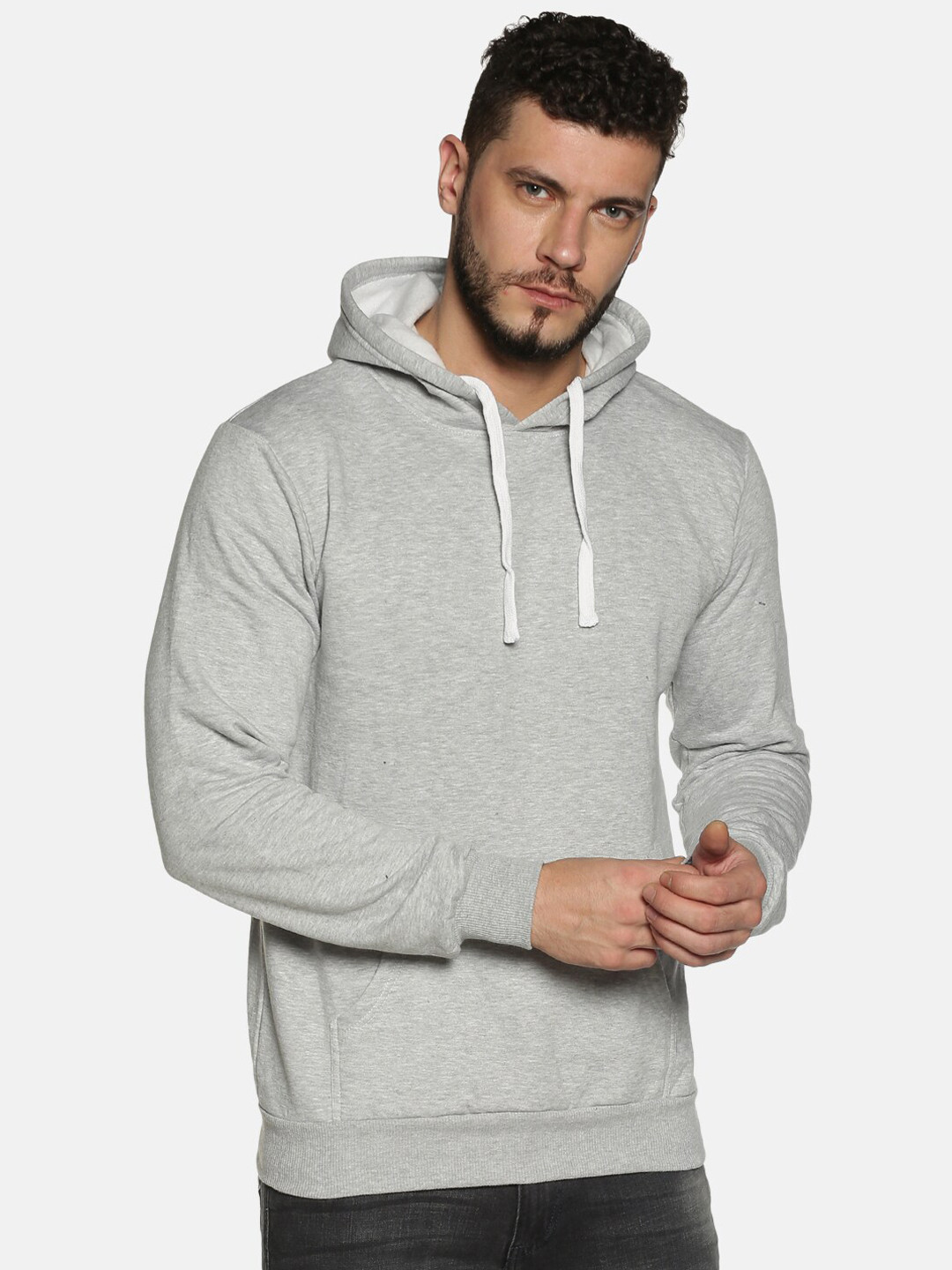 

Instafab Men Grey Solid Hooded Sweatshirt
