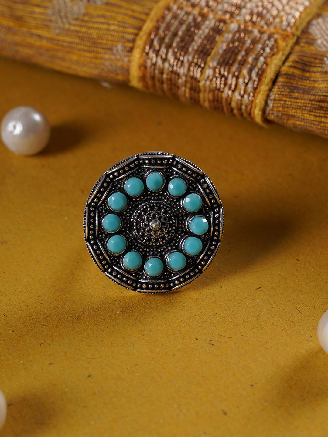 

Shoshaa Women Silver-Plated & Turquoise Blue Stone Studded Handcrafted Finger Ring