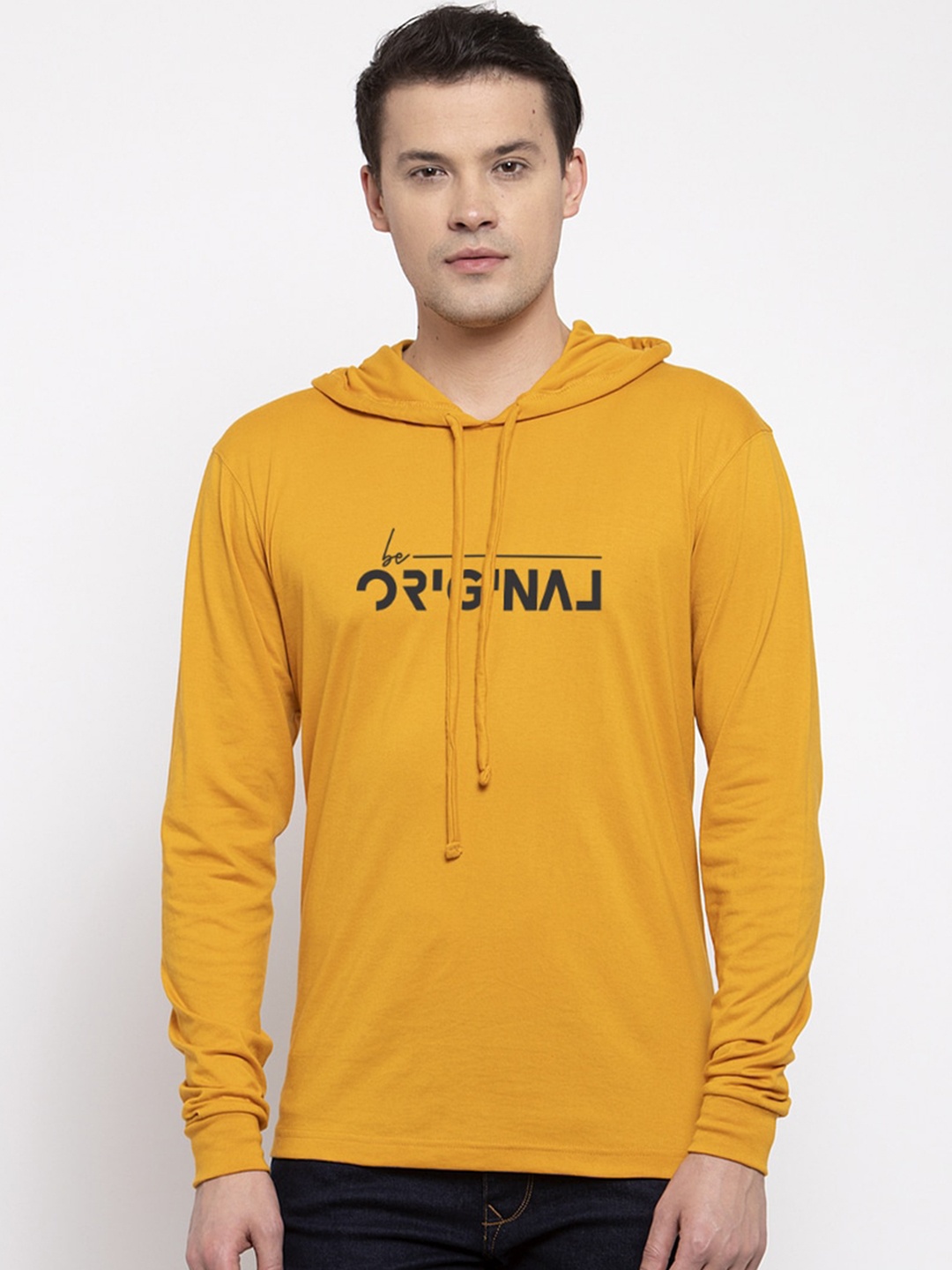 Friskers Men Mustard Printed Hood T-shirt