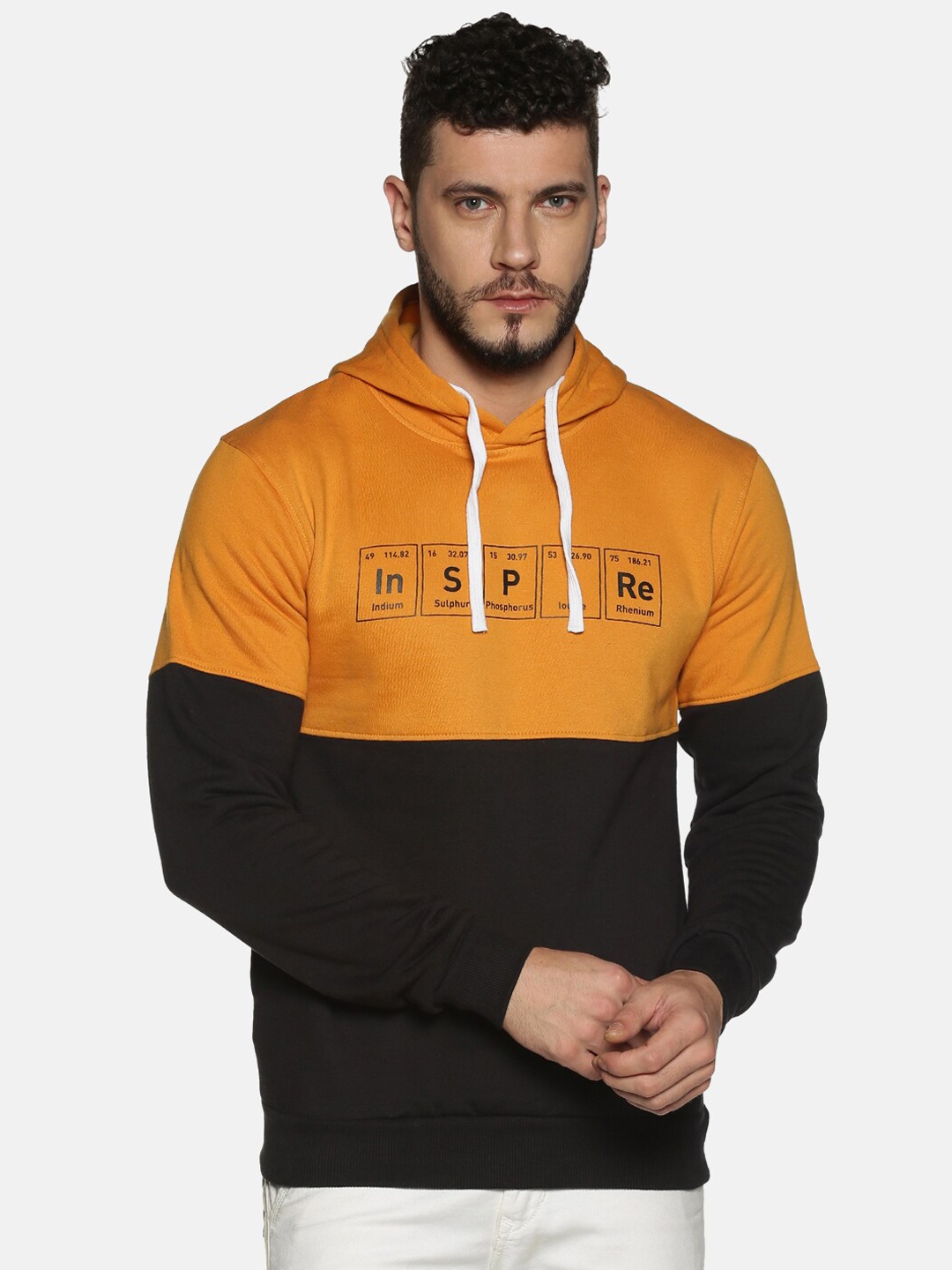 

Campus Sutra Men Yellow & Black Colourblocked Hooded Sweatshirt