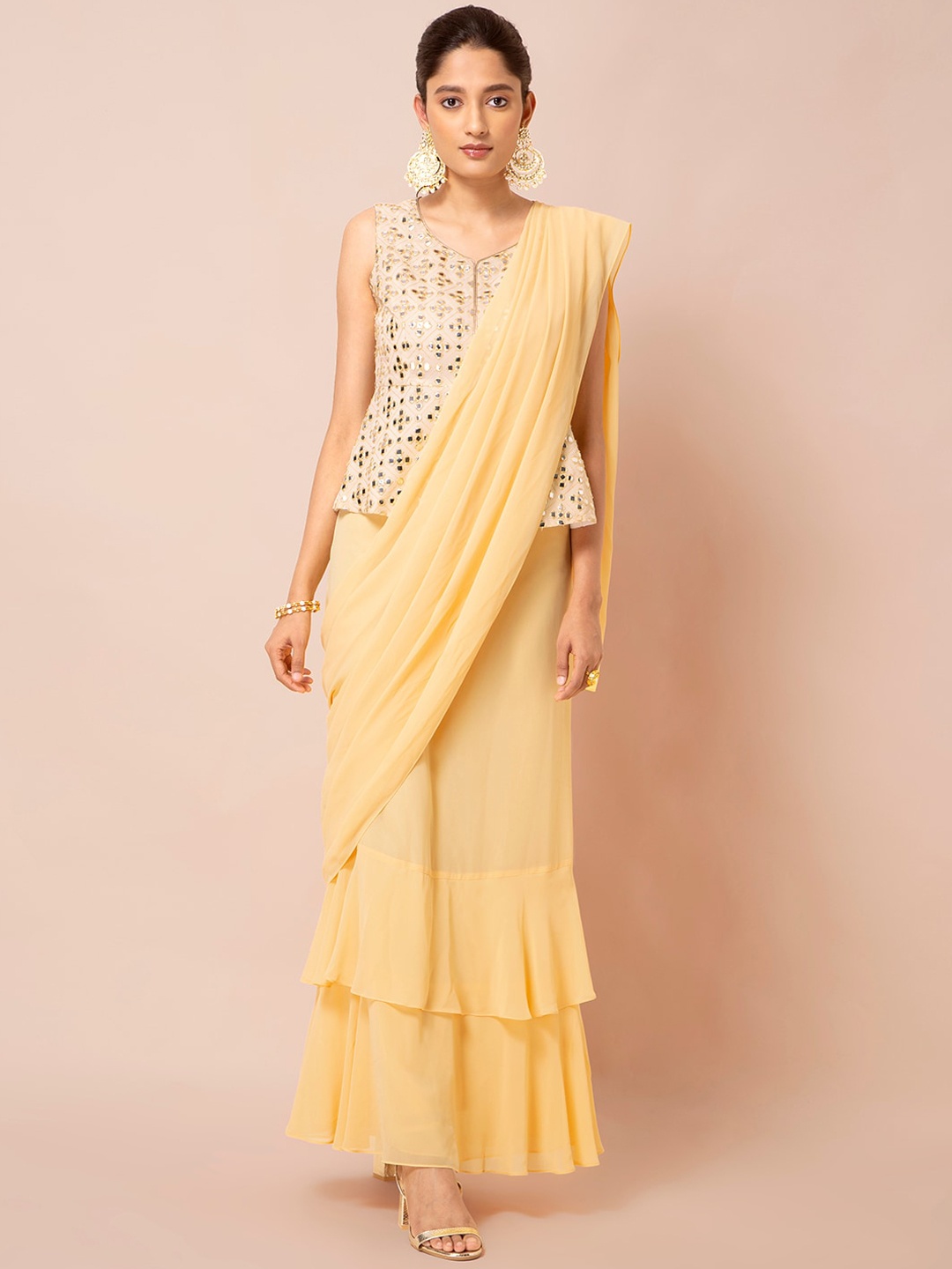 

INDYA Yellow Solid Ruffled Pre Draped Ready To Wear Saree