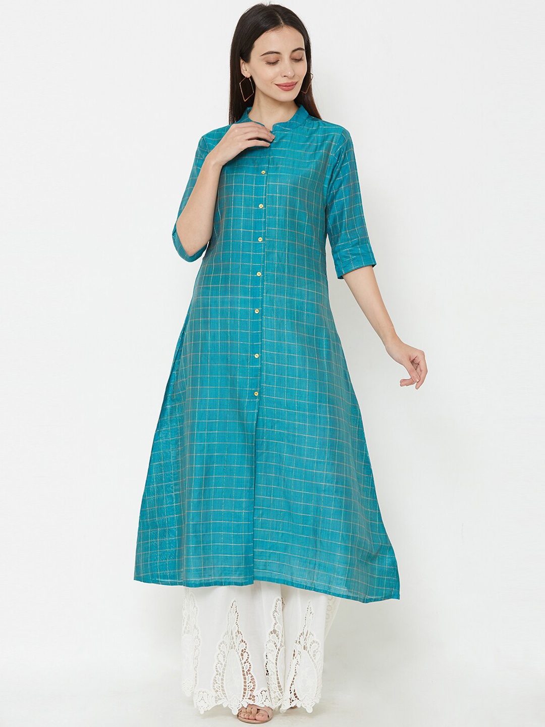 

FASHOR Women Teal Green & Gold-Coloured Checked A-Line Kurta