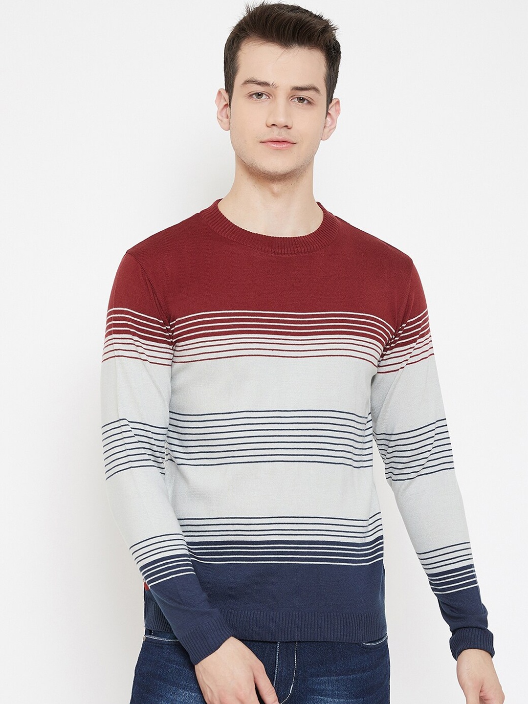 

JUMP USA Men Red & Grey Striped Acrylic Pullover Sweater
