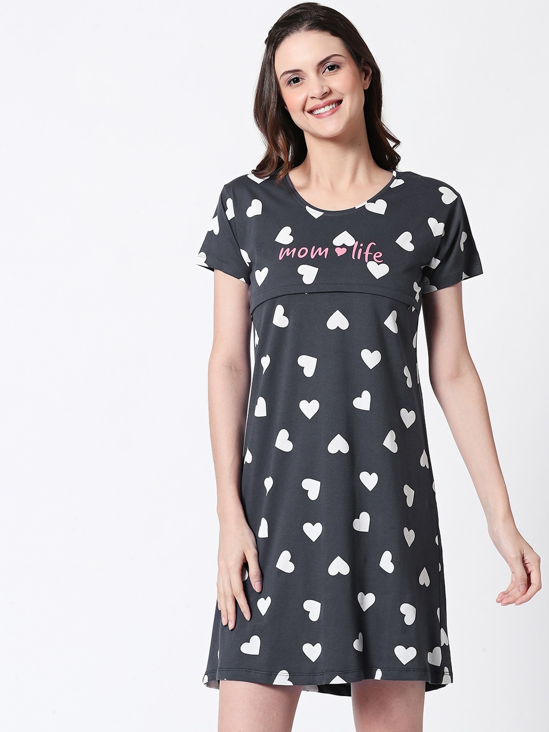 

Zeyo Women Grey & White Pure Cotton Printed Nursing & Feeding Nightdress