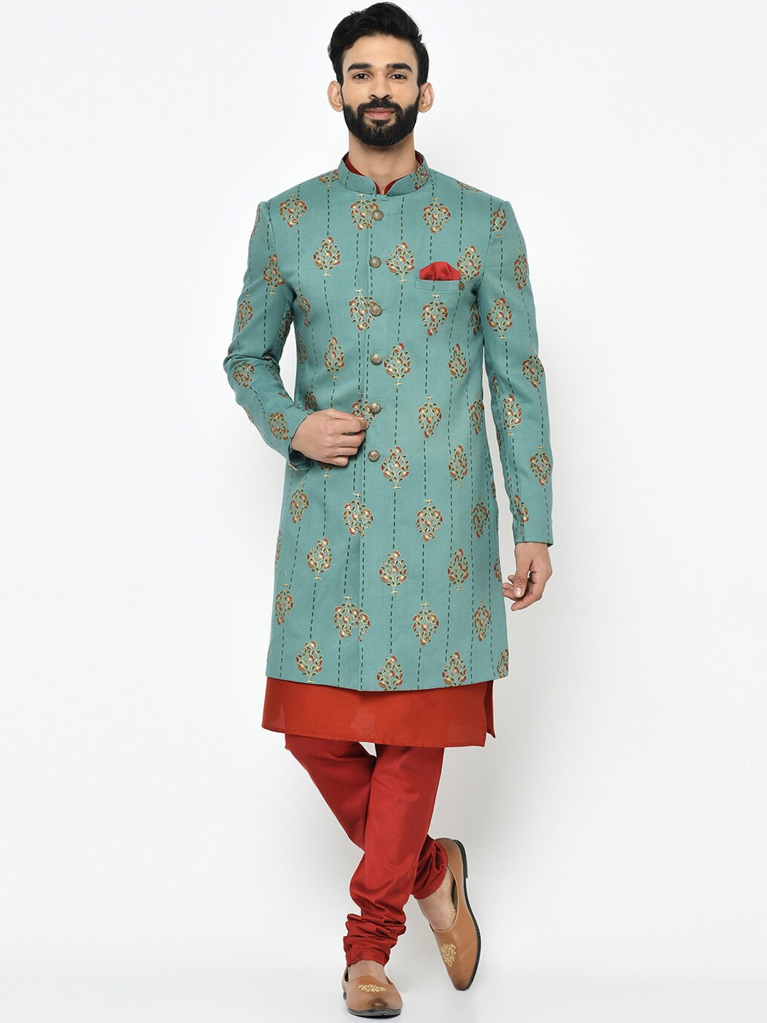

KISAH Men Turquoise Blue and Maroon Printed Sherwani Set