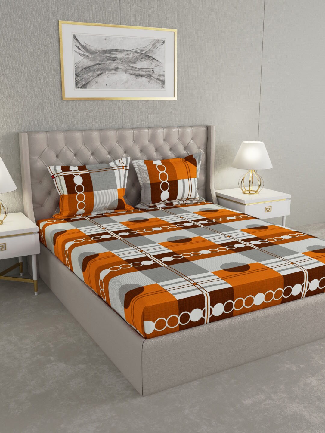 

Raymond Home Orange Abstract 104 TC Queen Bedsheet With 2 Pillow Covers, White