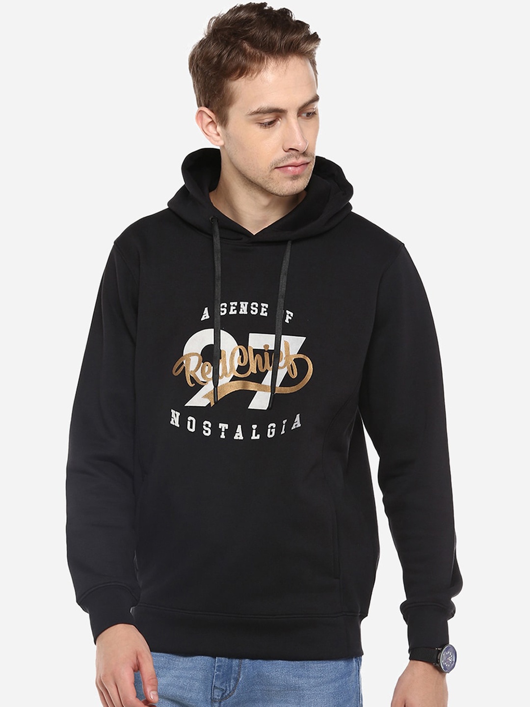 

Red Chief Men Black Printed Hooded Sweatshirt