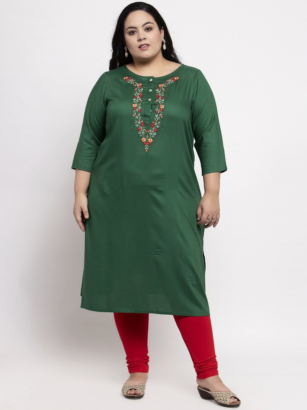

plusS Women Green Solid Straight Kurta