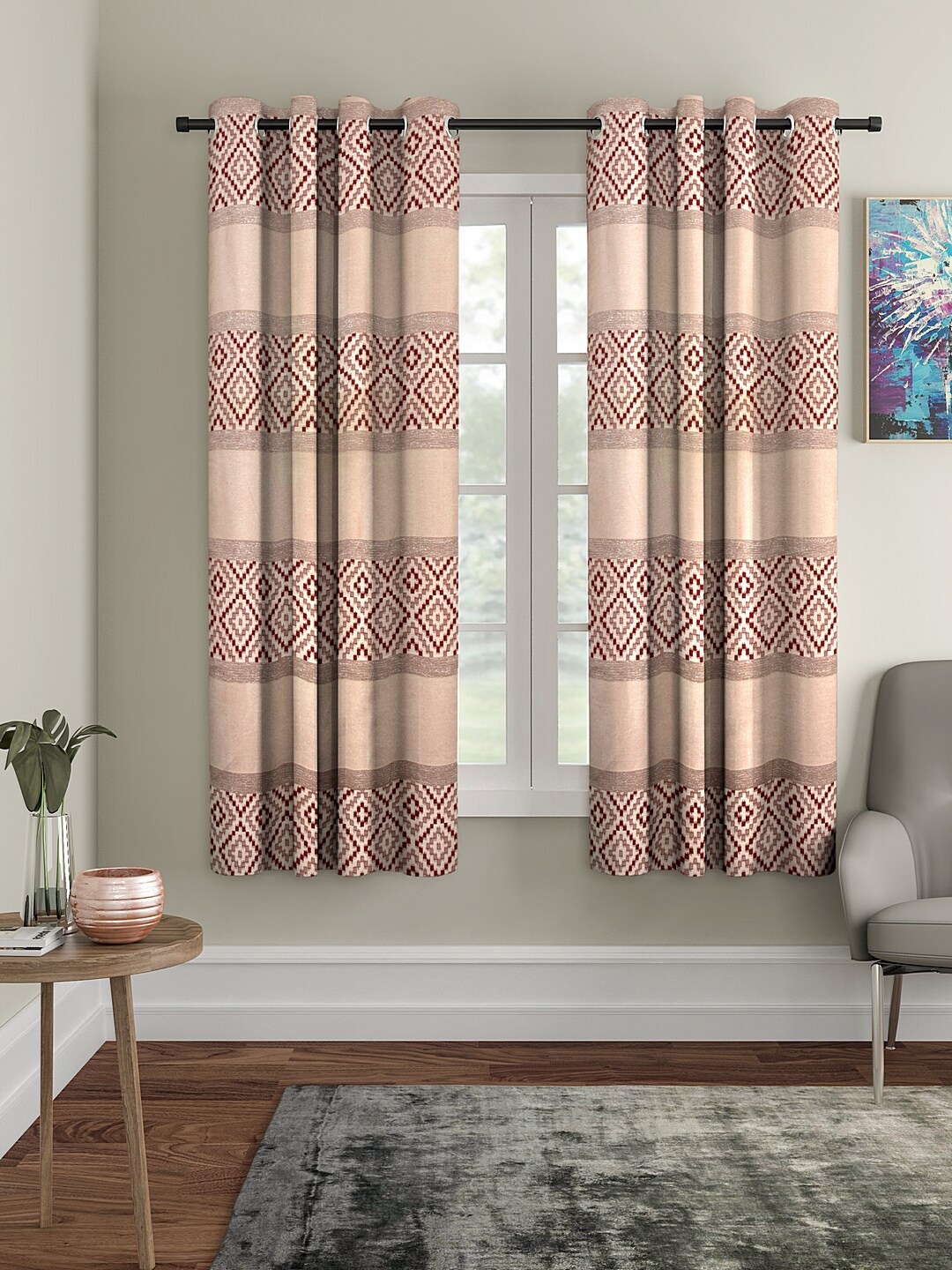 

Cortina Set Of 2 Beige & Coffee Brown Geometric Print Window Curtains