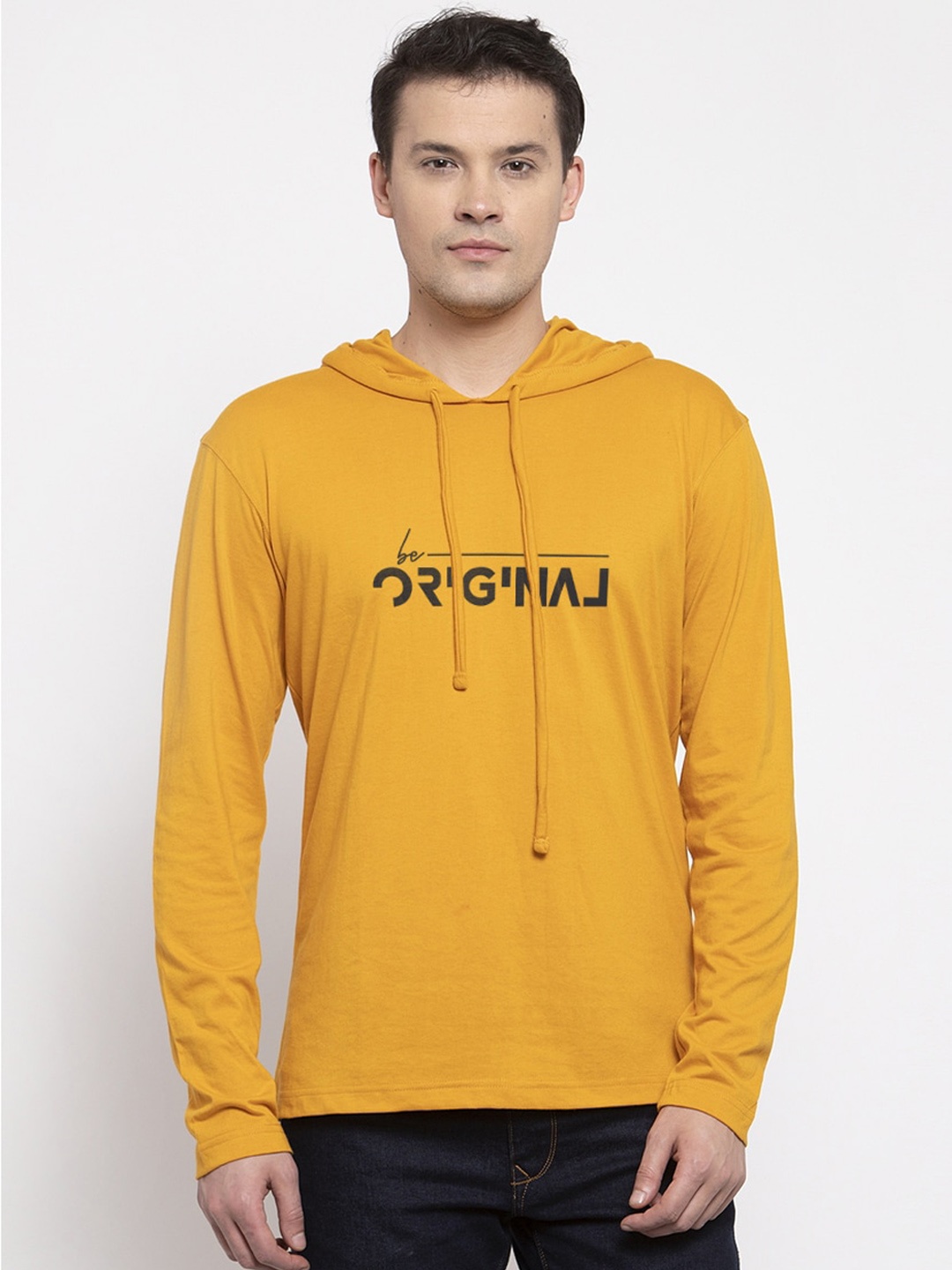 

Friskers Men Mustard Yellow Printed Hood T-shirt