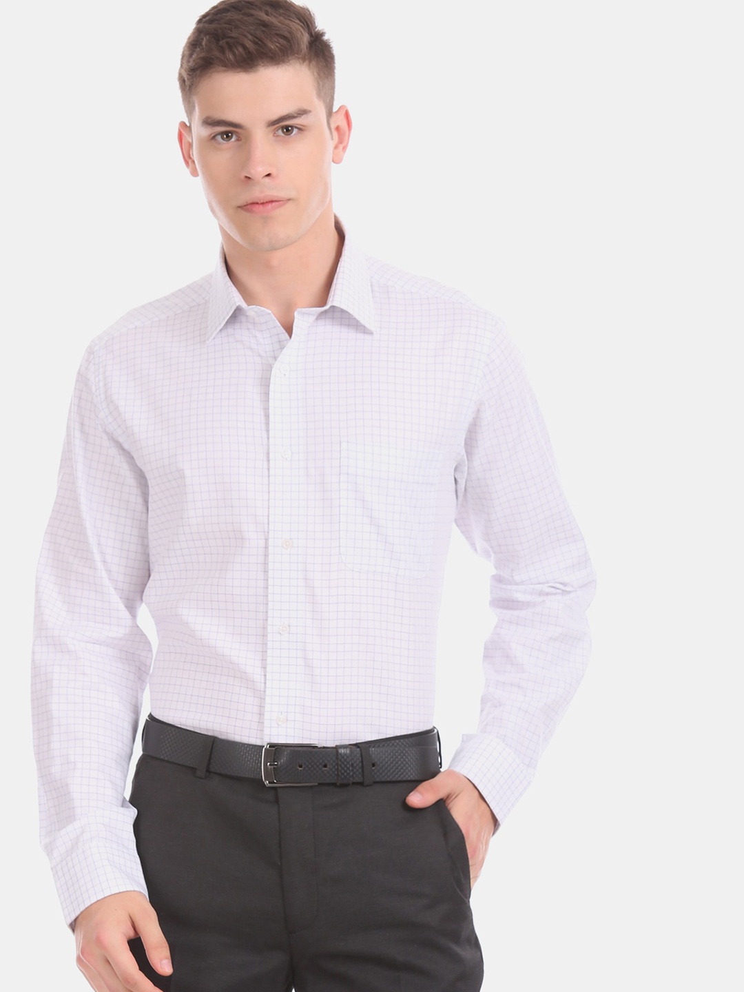 

Arrow Men White Slim Fit Grid Tattersall Checks Checked Formal Shirt