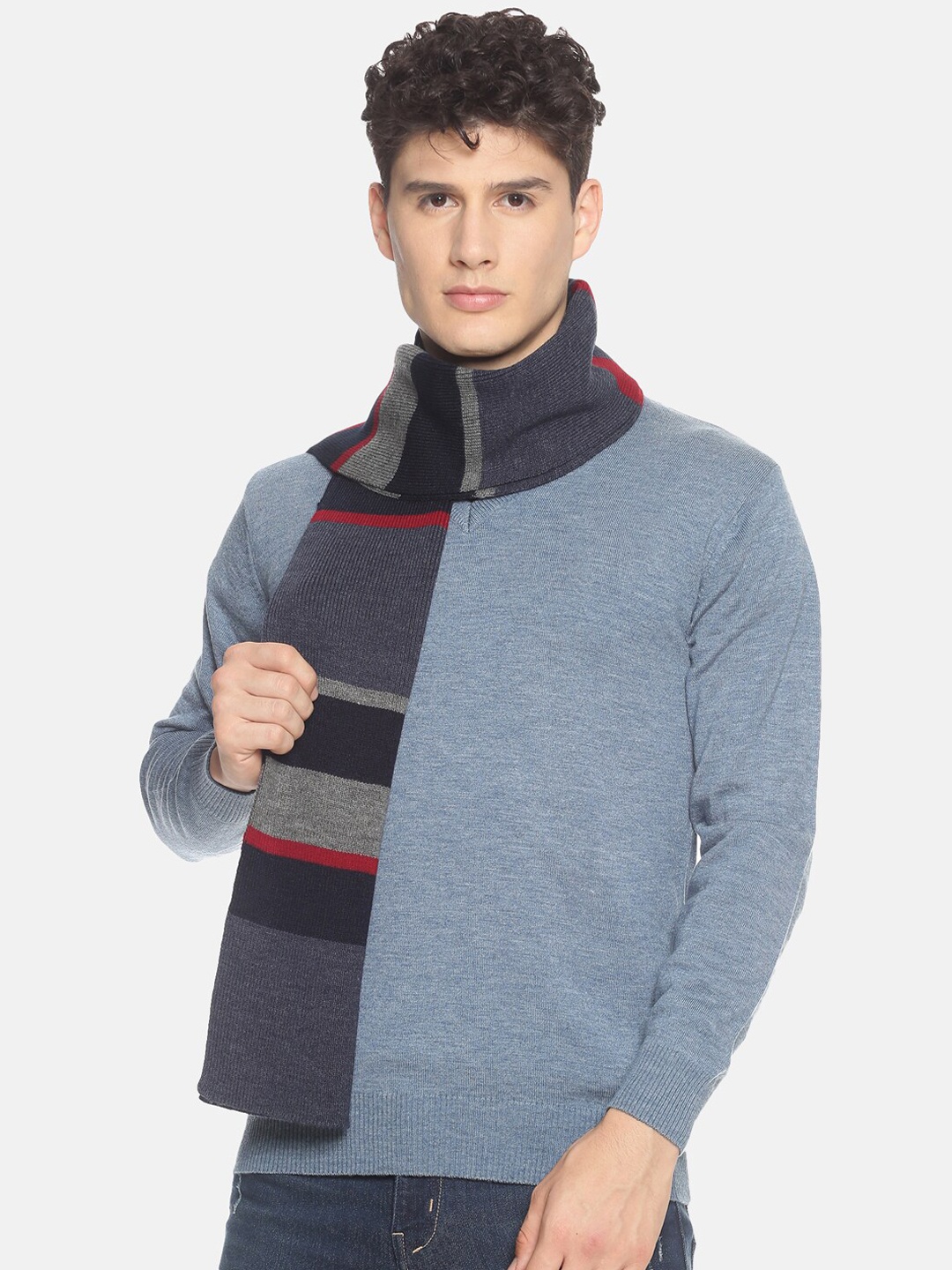 

513 Men Beige & Red Woven Design Mufflers, Navy blue