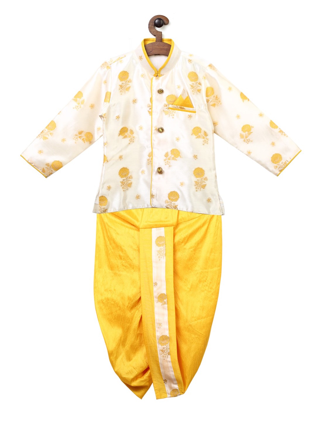 

Ridokidz Boys White & Yellow Woven Design Kurti with Dhoti Pants