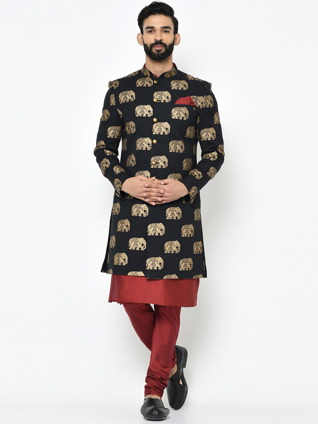 

KISAH Men Black & Red Printed Sherwani Set