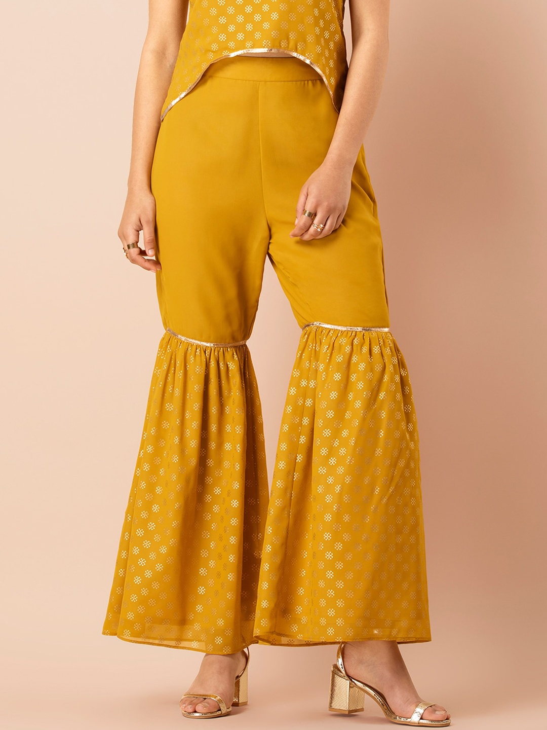 

INDYA Women Mustard Yellow & Gold-Toned Foil Printed Flared Fit Sharara