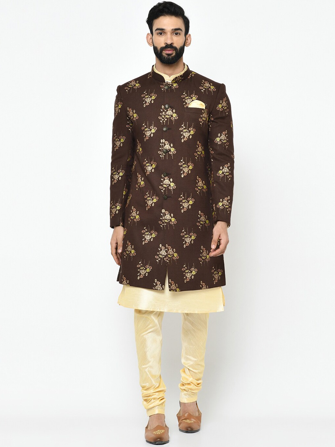 

KISAH Men Printed Indowestern Sherwani Set, Brown