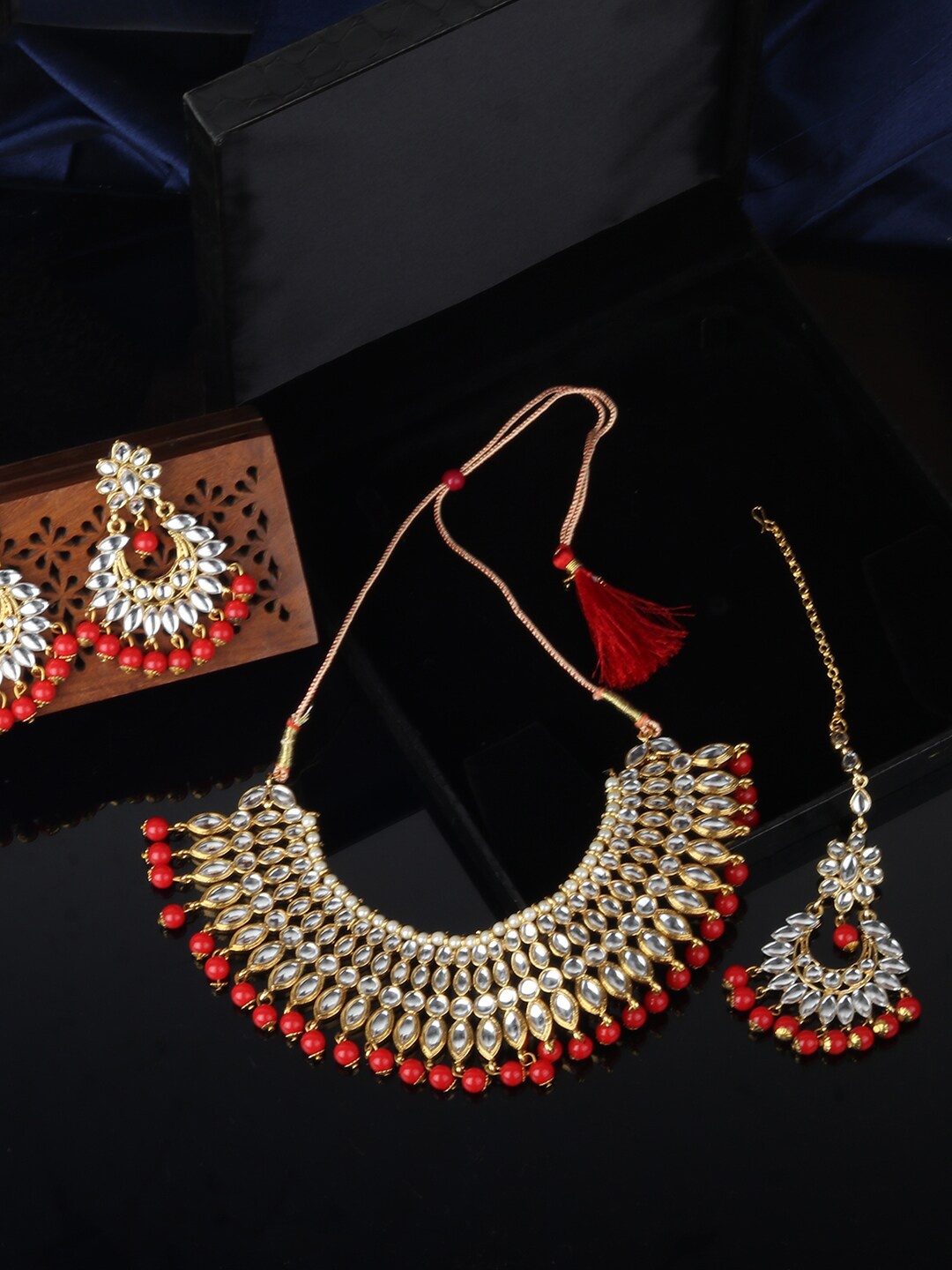 

ANIKAS CREATION Gold Plated White & Red Traditional Kundan Ethnic Jewellery Set