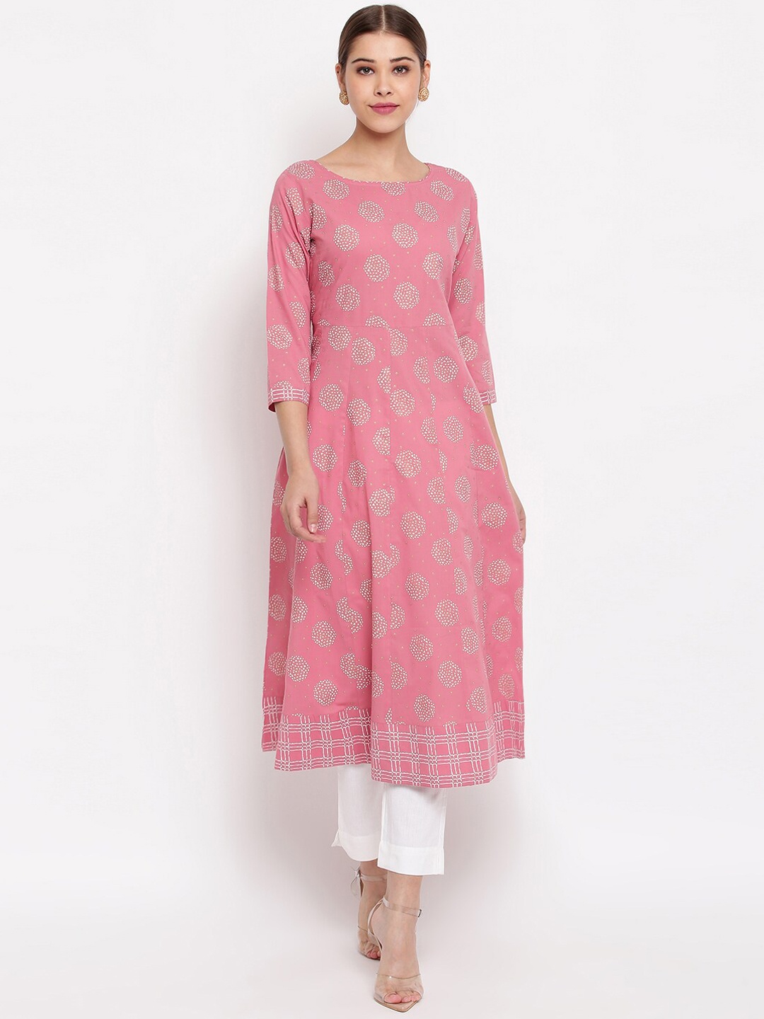 

Janasya Women Pink & White Printed A-Line Kurta