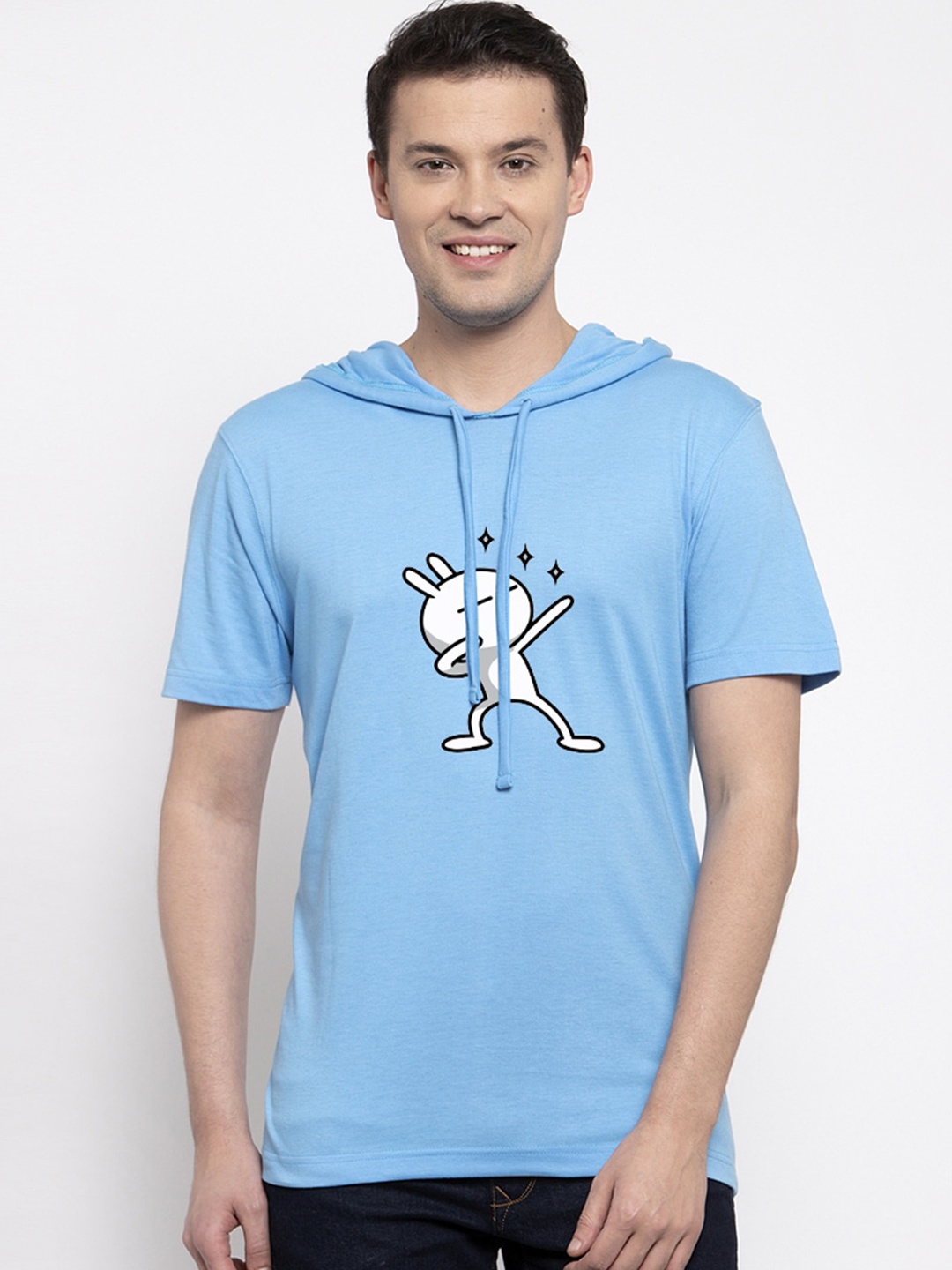 Friskers Men Turquoise Blue Printed Hood T-shirt