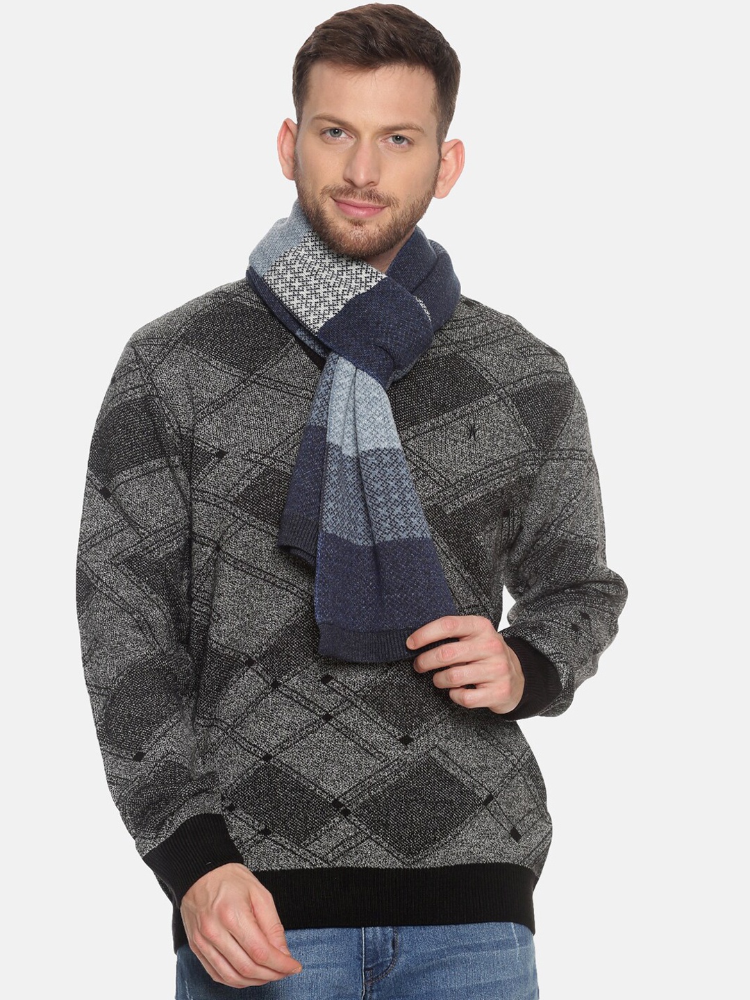 

513 Men Beige & Red Woven Design Mufflers, Navy blue