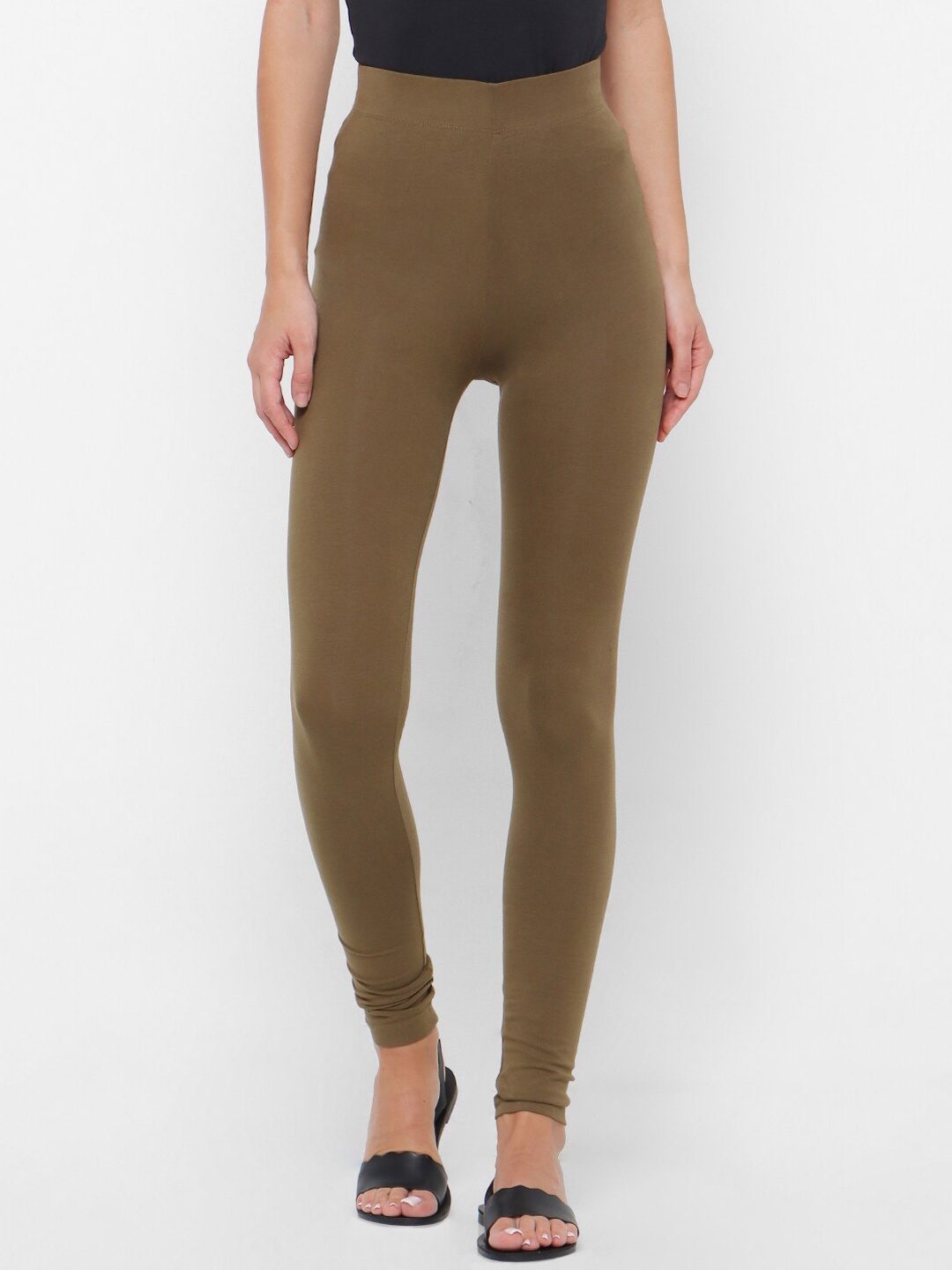 

FOREVER 21 Women Olive Green Solid Churidar-Length Leggings