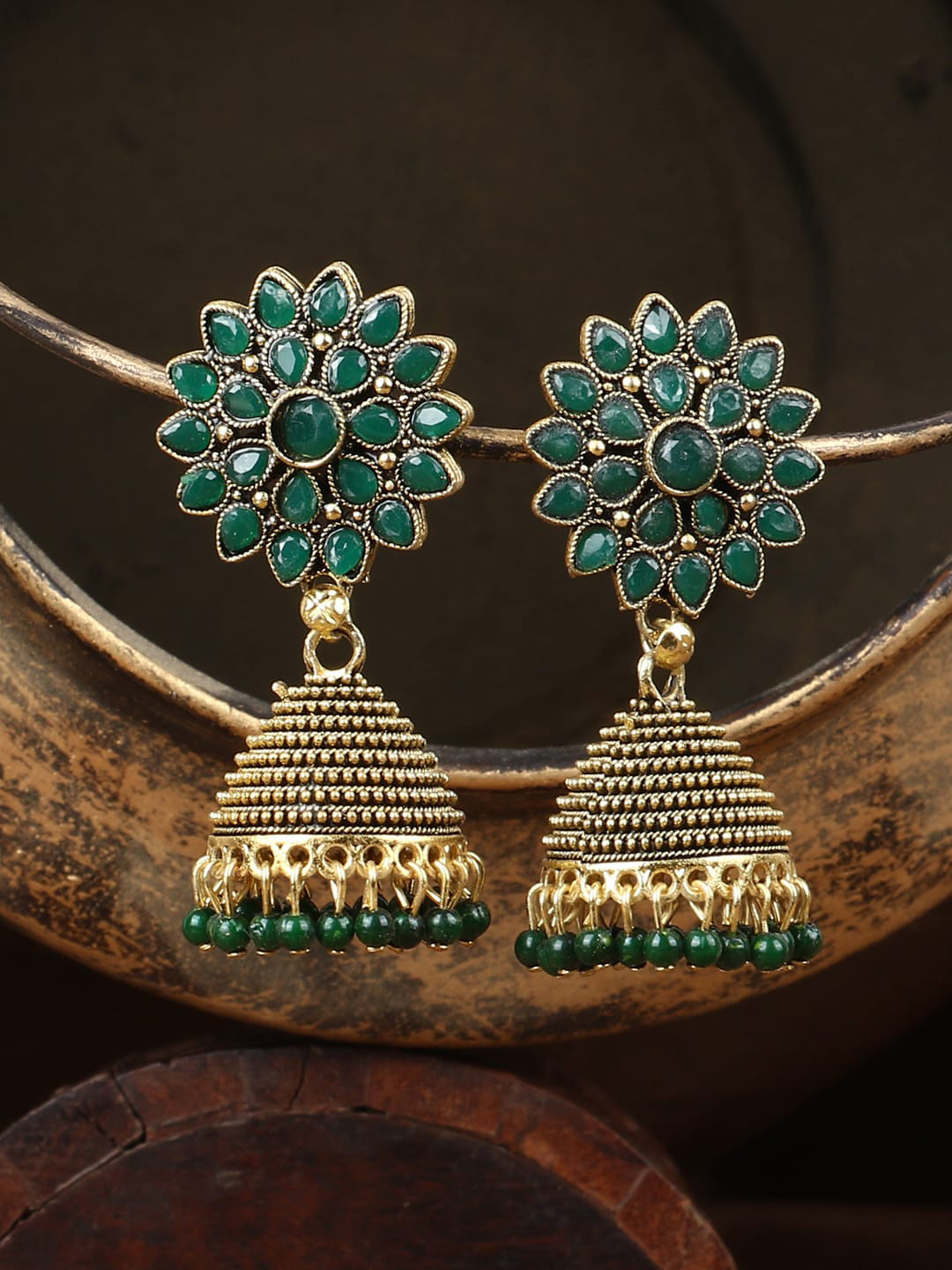 

ANIKAS CREATION Green & Gold-Toned Dome Shaped Jhumkas