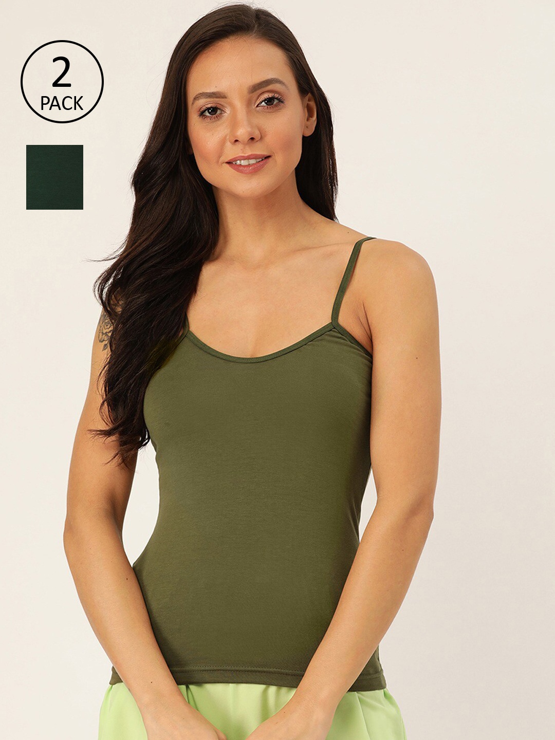 

Lady Lyka Women Pack Of 2 Solid Adjustable Straps Camisoles CAMI-04-OGRN-GRN, Olive