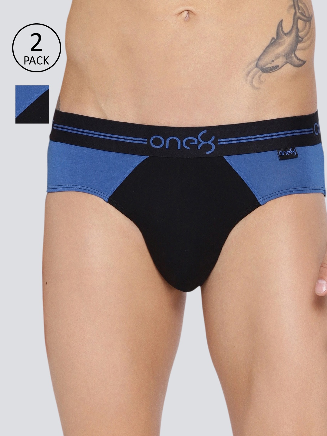 

one8 by Virat Kohli Men Pack of 2 Black & Blue Colourblocked Cotton Stretch Briefs 204-PO2