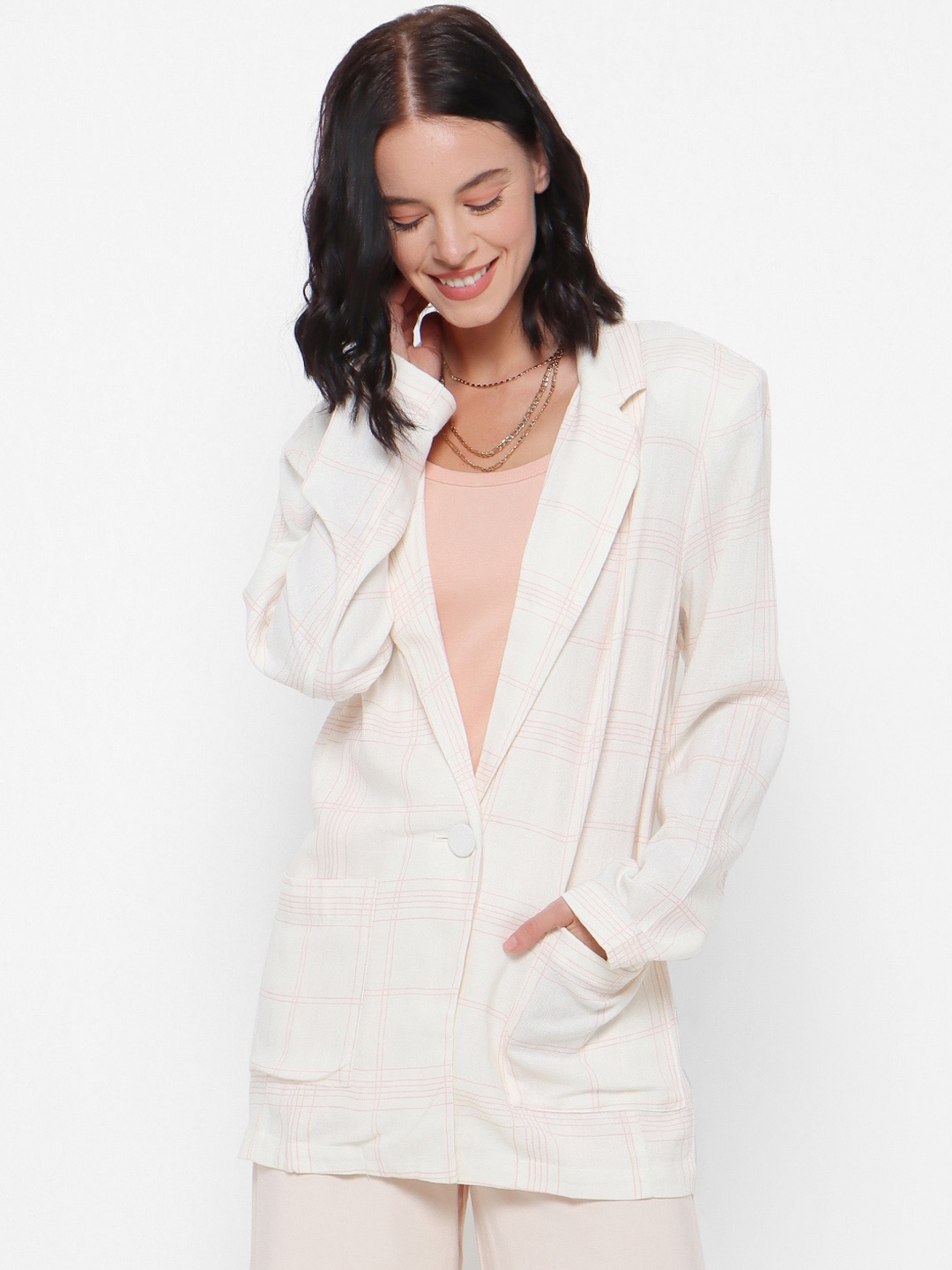 

FOREVER 21 Women Off-White & Pink Checked Tailored Jacket