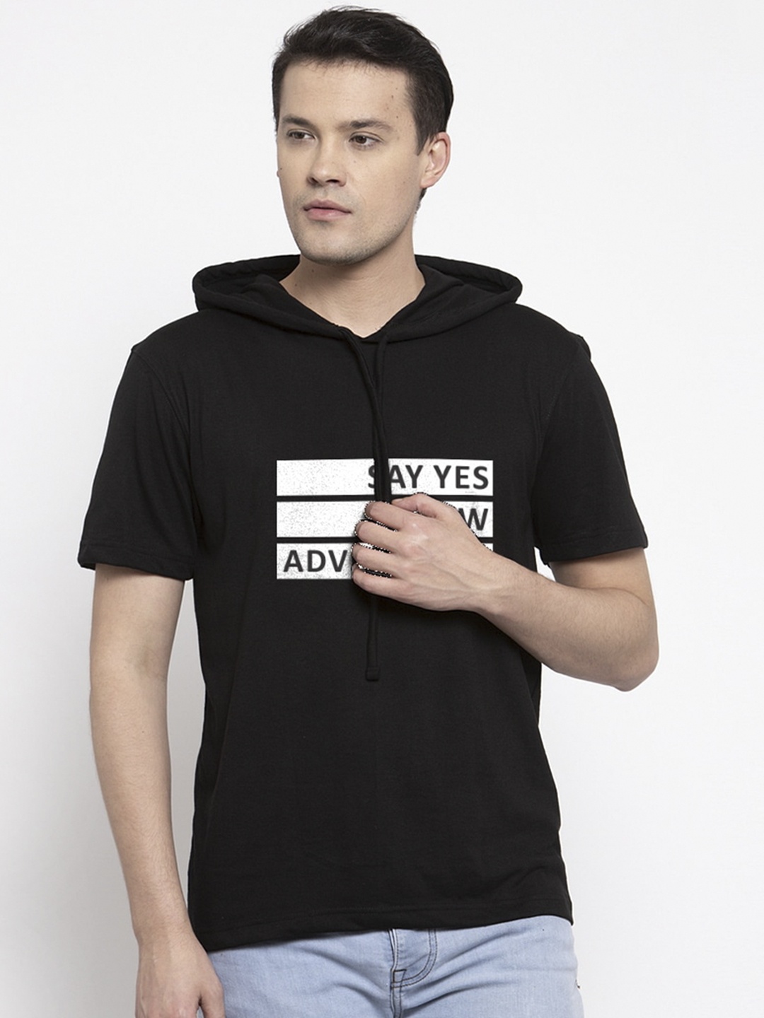 Friskers Men Black Printed Hood T-shirt