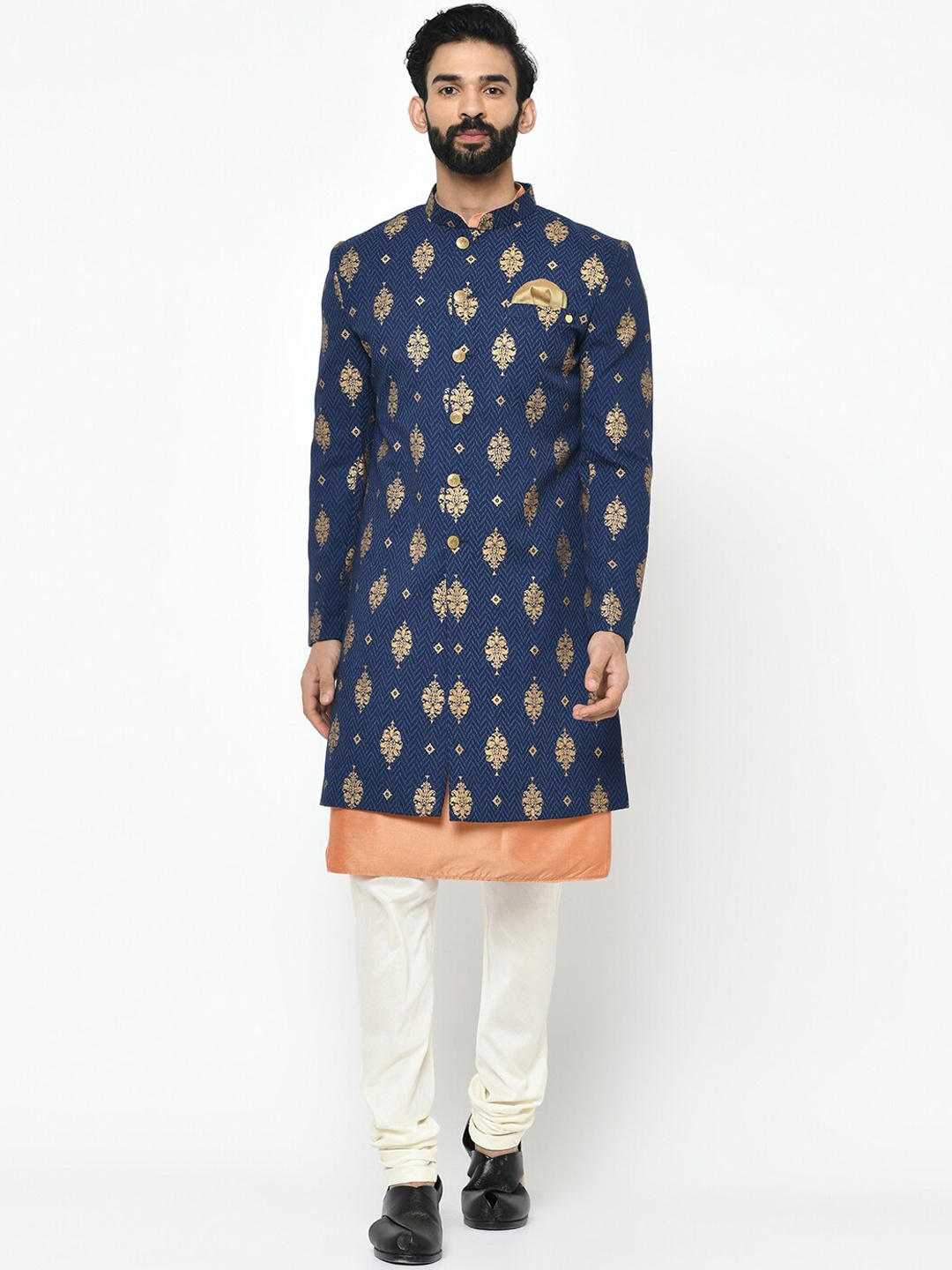 

KISAH Men Printed Indowestern Sherwani Set, Navy blue