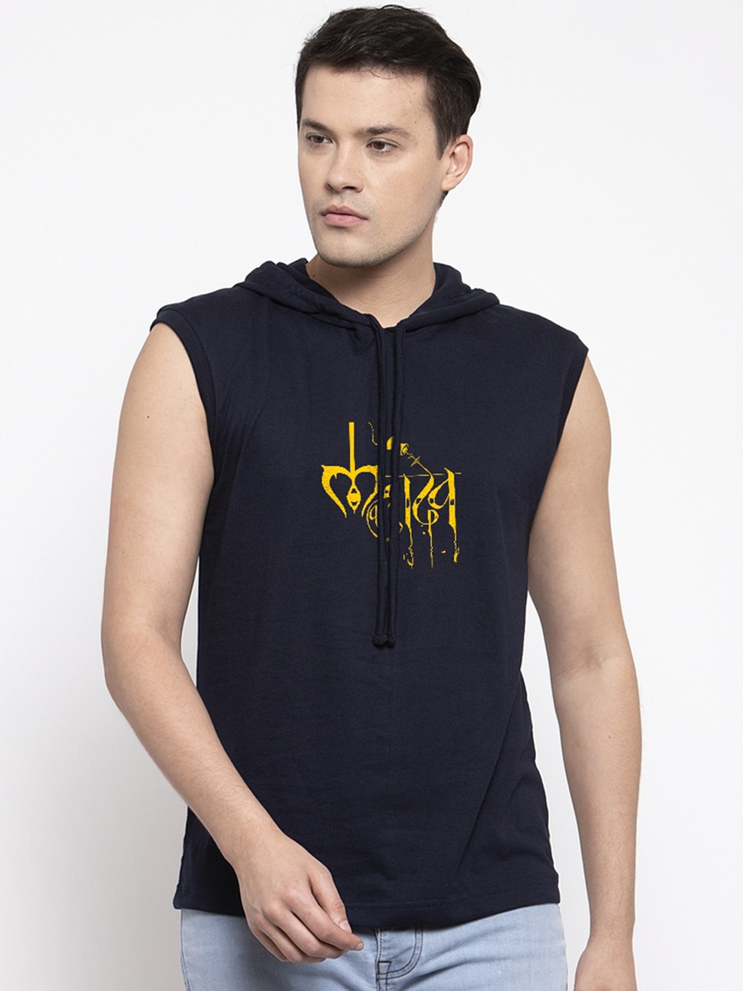 

Friskers Men Navy Blue Printed Hood T-shirt