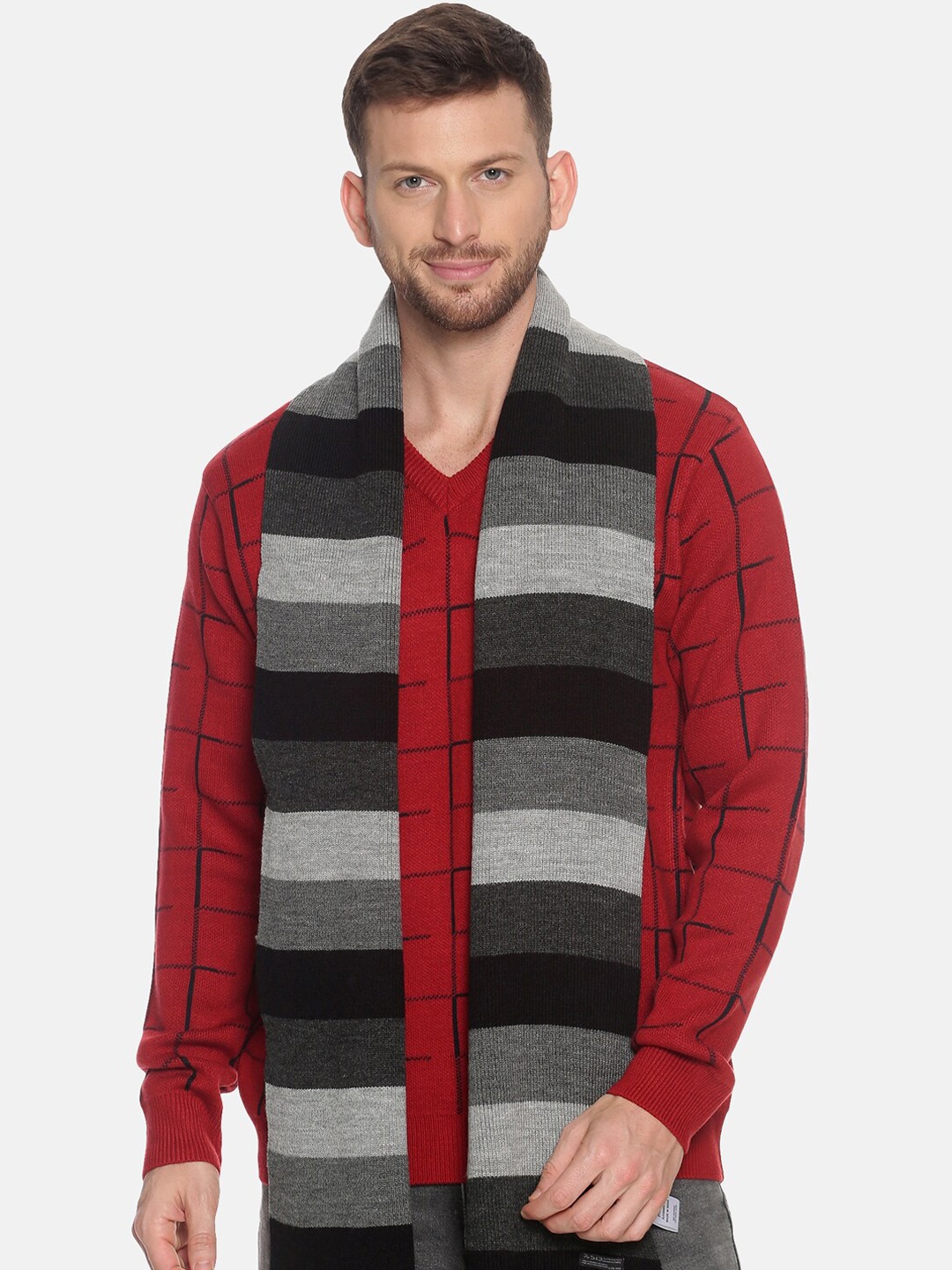 

513 Men Beige & Red Woven Design Mufflers, Black