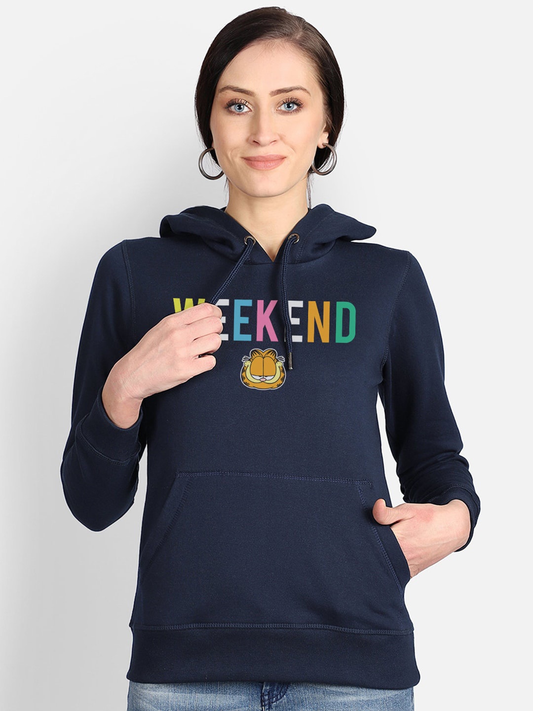 

Free Authority Women Navy Blue Garfield Print Hooded Sweatshirt